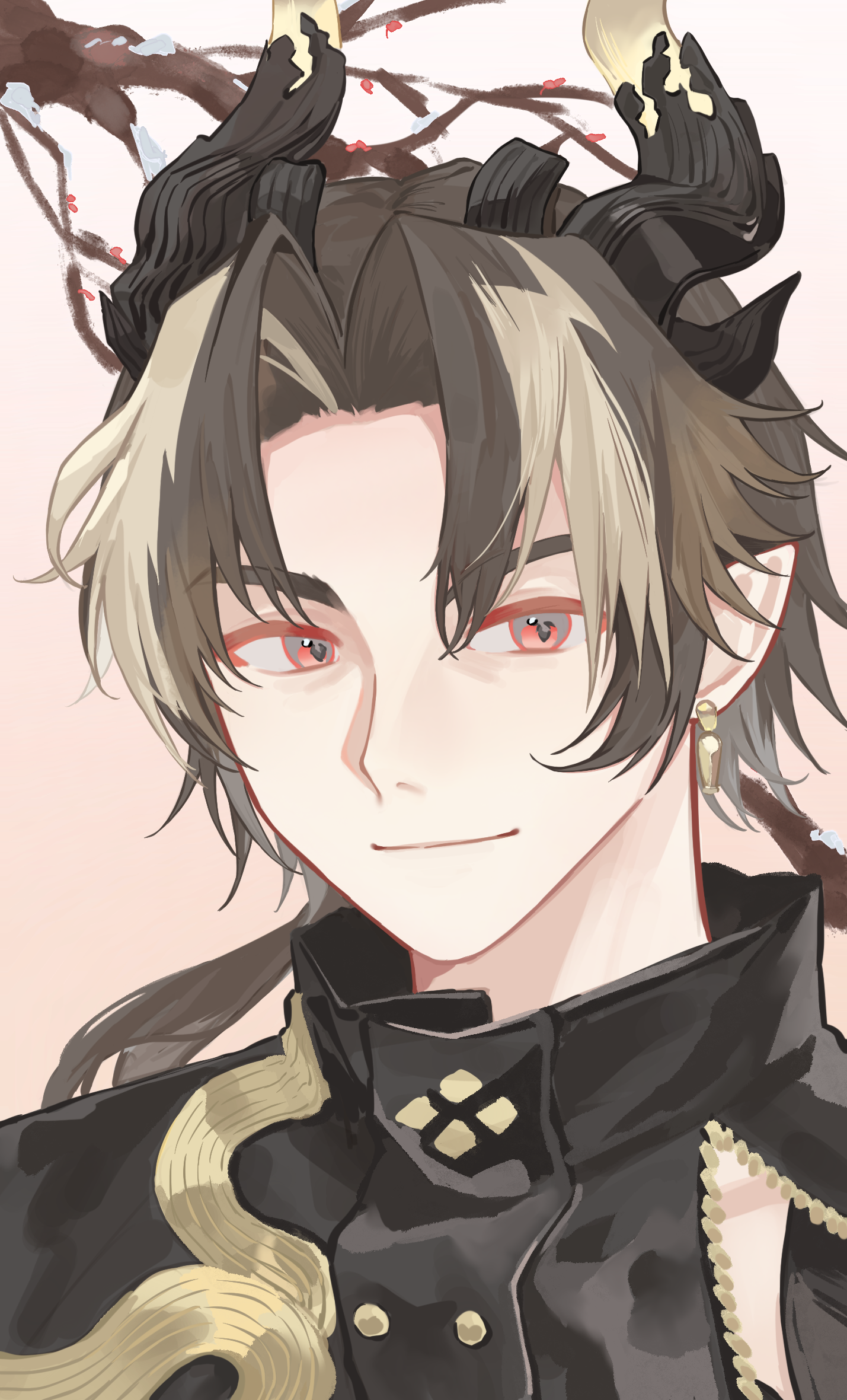 tang cu caihong, chongyue (arknights), arknights, chinese commentary, commentary request, highres, 1boy, blonde hair, branch, brown hair, closed mouth, earrings, hair intakes, jewelry, looking at viewer, male focus, medium hair, multicolored hair, pointy ears, portrait, red eyes, smile, solo, streaked hair