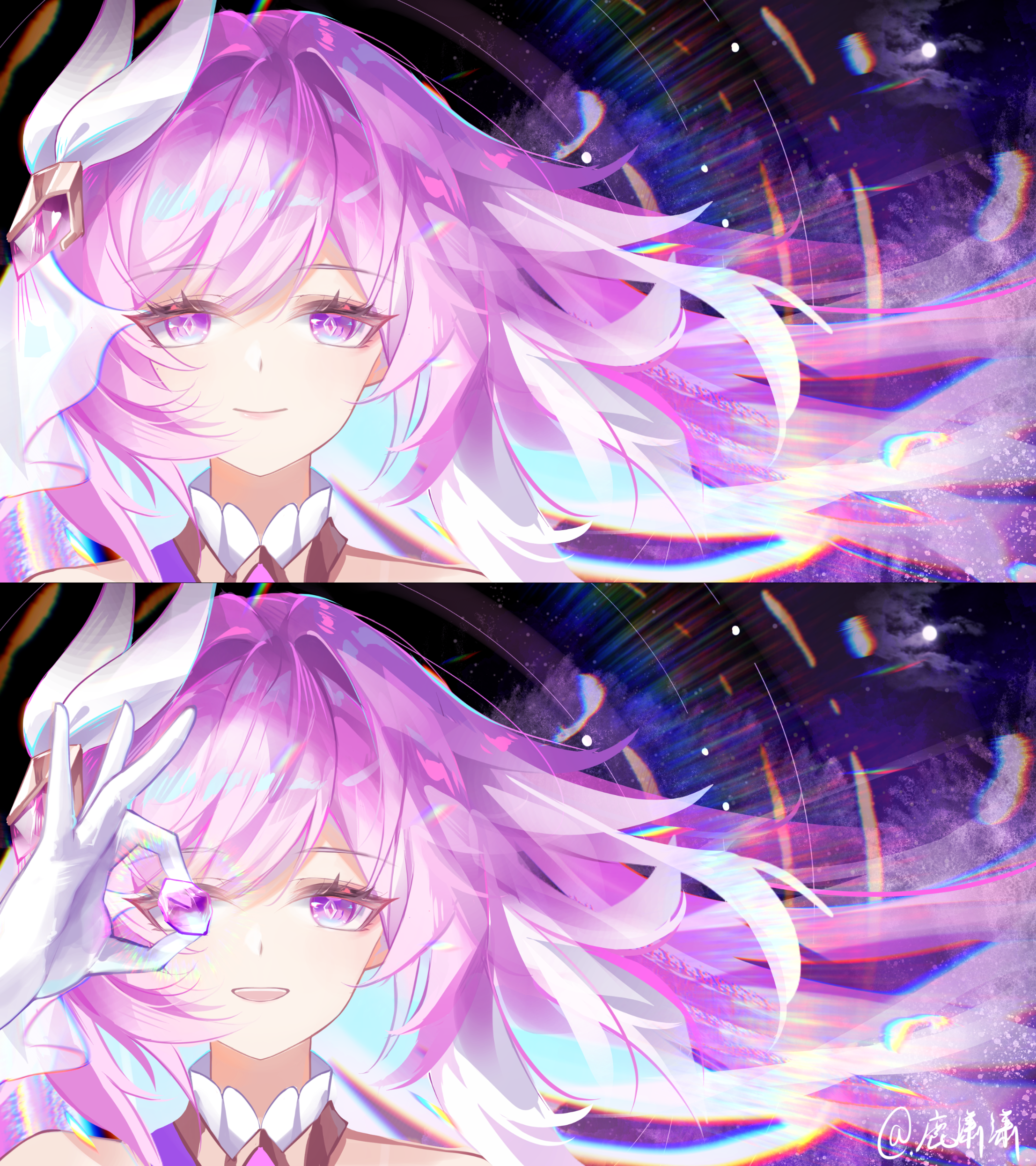 lu xiao, elysia (herrscher of human: ego) (honkai impact), elysia (honkai impact), honkai (series), honkai impact 3rd, absurdres, chinese commentary, commentary request, highres, 1girl, diamond-shaped pupils, diamond (shape), gloves, hair ornament, long hair, looking at viewer, multicolored hair, pink hair, purple eyes, smile, symbol-shaped pupils, two-tone hair, very long hair, white gloves, white hair