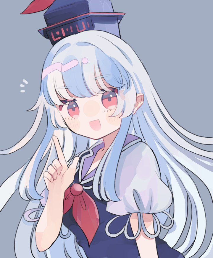 hiyuu (hiyualice), kamishirasawa keine, touhou, commentary, 1girl, :d, blue dress, blue hair, blue hat, dress, grey background, hat, index finger raised, long hair, looking at viewer, multicolored hair, neckerchief, open mouth, puffy short sleeves, puffy sleeves, red eyes, red neckerchief, short sleeves, smile, solo, two-tone hair, upper body, very long hair, white hair