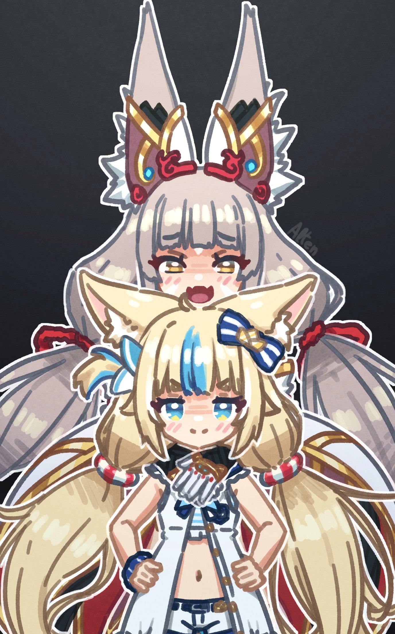 alten, nia (xenoblade), sameko saba, indie virtual youtuber, xenoblade chronicles (series), xenoblade chronicles 2, commentary, english commentary, highres, >:), 2girls, :d, animal ear fluff, animal ears, black background, blonde hair, blue eyes, blue hair, blush, bow, brown eyes, cat ears, closed mouth, dress, fangs, frills, grey hair, hair bow, hands on own hips, lifebuoy hair ornament, long hair, low twintails, multicolored hair, multiple girls, navel, open door, open mouth, outline, shorts, signature, smile, streaked hair, striped bow, twintails, v-shaped eyebrows, very long hair, virtual youtuber, white dress, white outline, white shorts