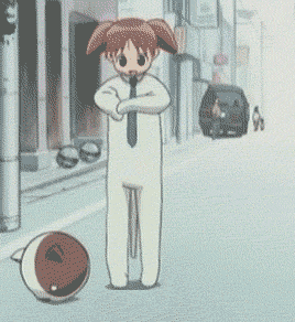 mihama chiyo, azumanga daiou, animated, animated gif, anime screenshot, lowres, > <, cathead, child, cosplay, faceplant, kigurumi, necktie, short twintails, shorts, solo, twintails, undressing