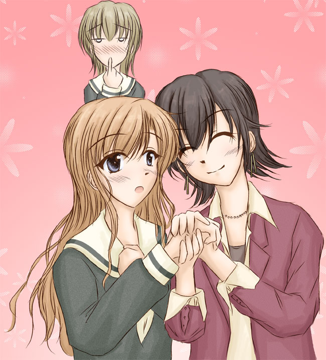 satou sei, super rosa gigantea, toudou shimako, maria-sama ga miteru, 00s, 3girls, blonde hair, blue eyes, blush, brown hair, chibi, chibi inset, finger to mouth, hand grab, hand on own chest, holding hands, multiple girls, school uniform, serafuku, short hair