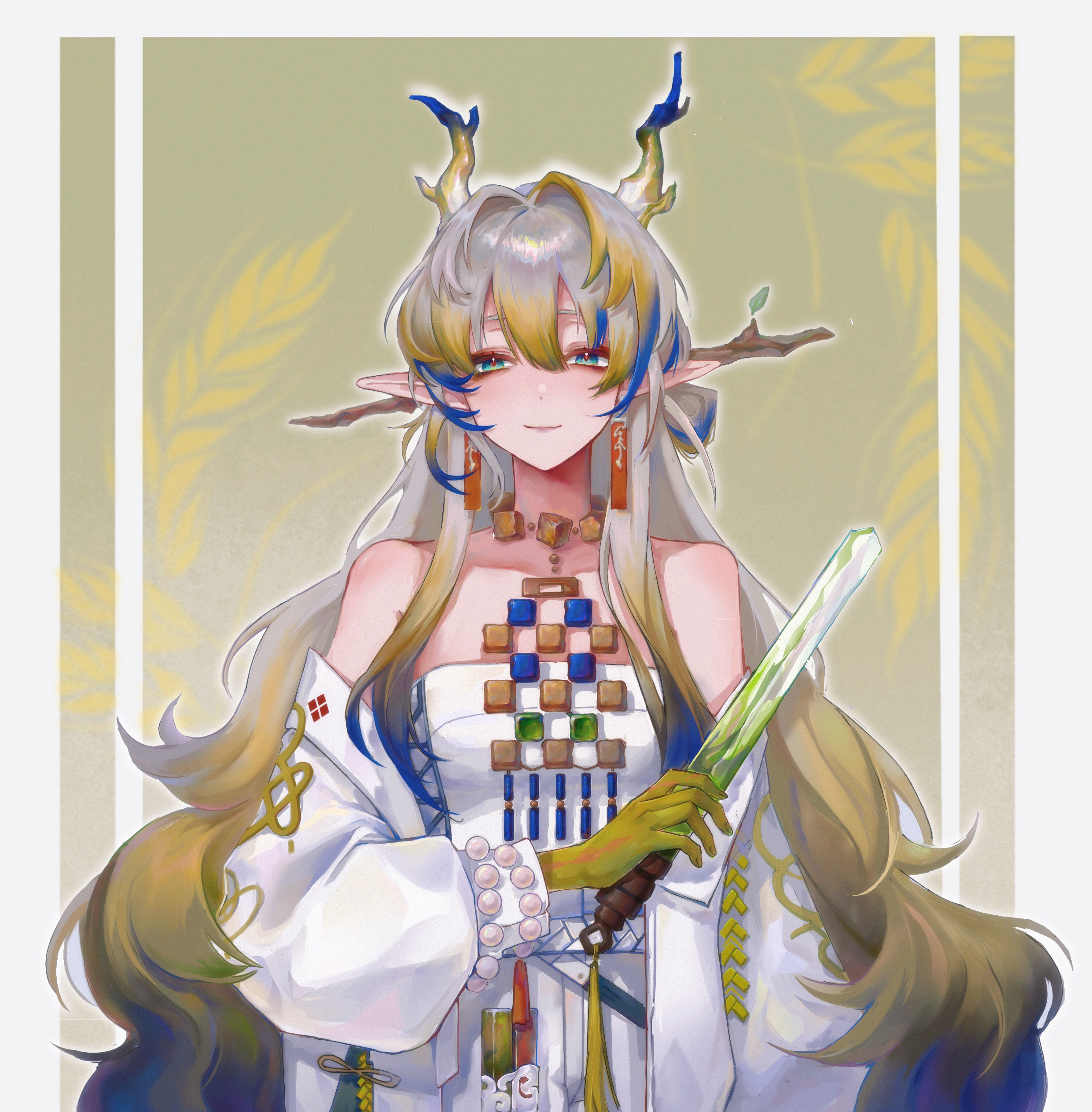 shu (arknights), arknights, absurdres, chinese commentary, commentary request, highres, 1girl, aqua eyes, bare shoulders, beads, belt, blonde hair, blue hair, closed mouth, colored extremities, dragon girl, dragon horns, earrings, grey hair, hair between eyes, hair intakes, holding, holding sword, holding weapon, horns, jacket, jewelry, light smile, long hair, long sleeves, looking at viewer, multicolored hair, necklace, off shoulder, outline, pointy ears, solo, strapless, sword, tianbiandeqinghaiyao, tube top, very long hair, weapon, white belt, white jacket, white outline, white tube top, yellow background