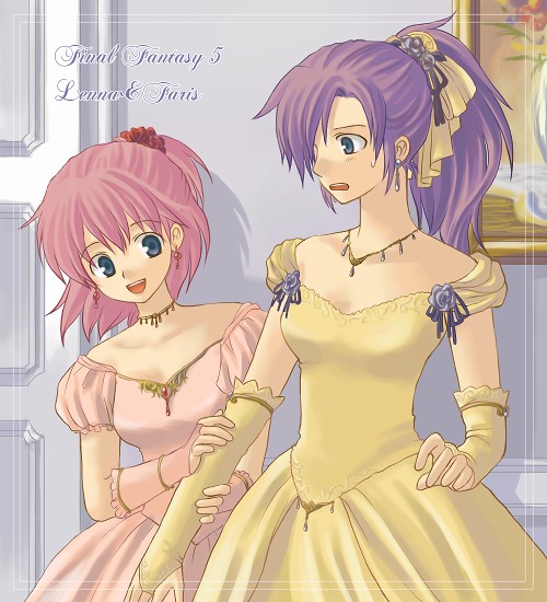 faris scherwiz, lenna charlotte tycoon, sarisa highwind tycoon, final fantasy, final fantasy v, 1990s (style), 2girls, blue eyes, bridal gauntlets, character name, copyright name, dress, earrings, flower, gloves, hair flower, hair ornament, half updo, jewelry, multiple girls, necklace, open mouth, pink hair, ponytail, purple hair, siblings, sisters, smile, sweatdrop