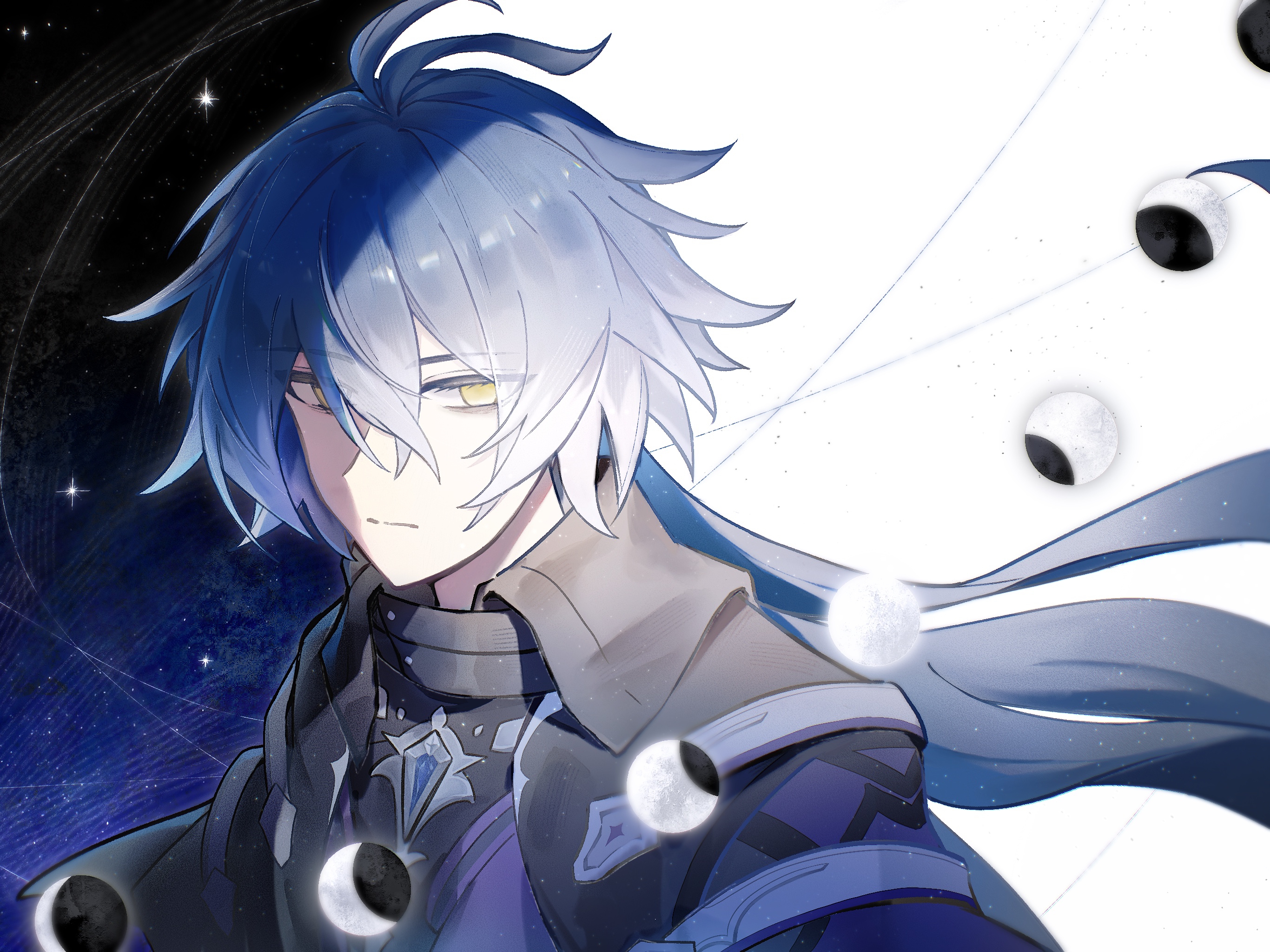 flins (genshin impact), genshin impact, commentary, duplicate, highres, symbol-only commentary, 1boy, ahoge, antenna hair, bags under eyes, black coat, blue hair, blurry, closed mouth, coat, collared coat, crescent moon, curly hair, depth of field, expressionless, from side, full moon, gibbous moon, gradient hair, hair between eyes, half moon, huge ahoge, long hair, long sleeves, looking at viewer, looking to the side, male focus, moon, moon phases, multicolored hair, new moon, no pupils, saka961120, shade, sky, solo, space, star (sky), starry sky, upper body, yellow eyes