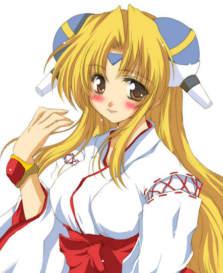 ranpha franboise, broccoli (company), galaxy angel, 00s, 1girl, blonde hair, female focus, hairpods, hakama, hakama skirt, japanese clothes, miko, red hakama, simple background, skirt, solo