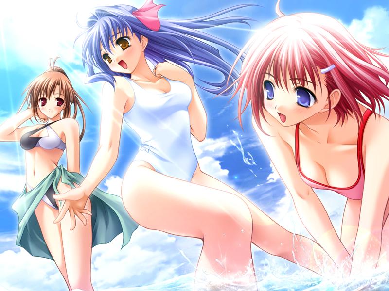 masaharu, asou suzune, shirase ui, ui-chan no niizuma diary, game cg, 3girls, ahoge, arm behind back, backlighting, bikini, black bikini, blue eyes, blue hair, bow, breasts, brown eyes, brown hair, cleavage, cleavage cutout, clothing cutout, day, foreshortening, from below, hair intakes, halterneck, high ponytail, highleg, highleg bikini, knees together feet apart, multiple girls, one-piece swimsuit, outdoors, pink bikini, pink bow, ponytail, red hair, standing, swimsuit, wading, white bikini, white one-piece swimsuit