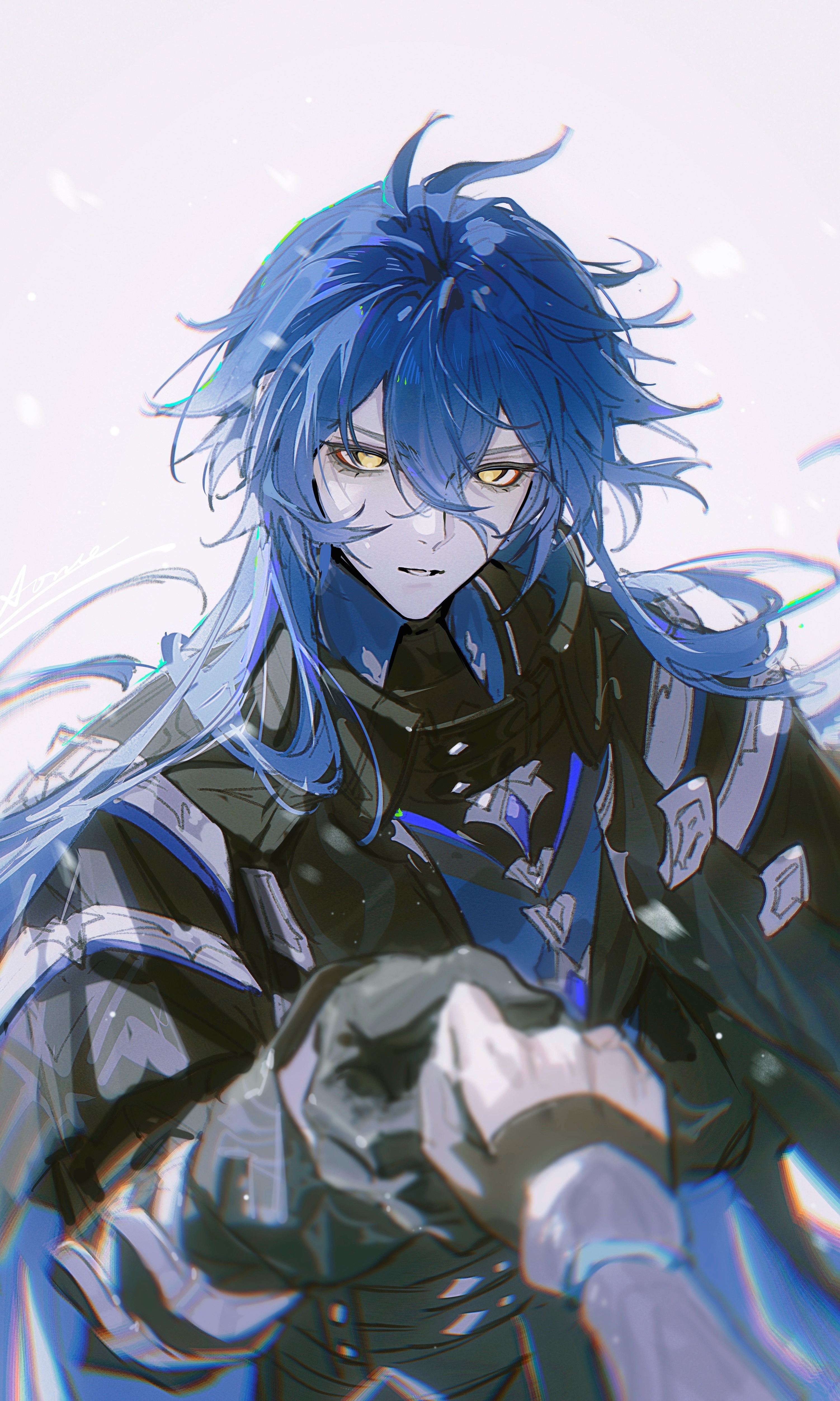 aoma (xuanzexuexi), flins (genshin impact), lumine (genshin impact), genshin impact, absurdres, chinese commentary, duplicate, highres, 1boy, 1girl, ahoge, antenna hair, arm guards, artist name, bags under eyes, black coat, black gloves, blue hair, blurry, coat, collared coat, couple, curly hair, depth of field, eyeliner, female pov, gloves, glowing, glowing eyes, gradient hair, grey background, hair between eyes, head tilt, hetero, high collar, holding hands, huge ahoge, leaning forward, long hair, long sleeves, looking at viewer, makeup, multicolored hair, no pupils, parted lips, pov, pov hands, red eyeliner, shade, signature, standing, teeth, wavy hair, yellow eyes