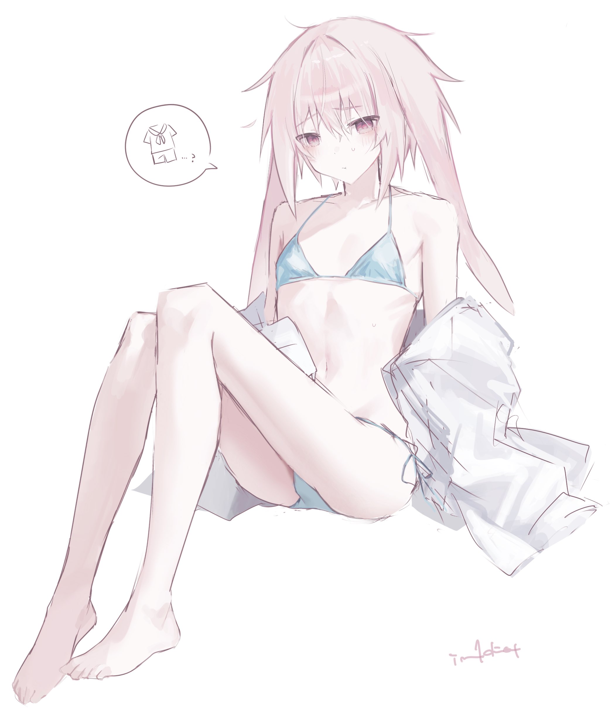 ansel (arknights), arknights, absurdres, commentary request, highres, animal ears, barefoot, bikini, blue bikini, crossdressing, crossdressing (mtf), full body, im 1diot, knees up, lop rabbit ears, navel, pink eyes, pink hair, rabbit ears, shirt, short hair, side-tie bikini bottom, speech bubble, spoken object, swimsuit, trap, white shirt