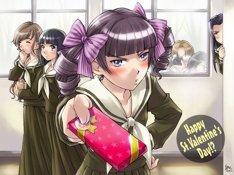 sameha ikuya, hosokawa kanako, matsudaira touko, nijou noriko, takeshima tsutako, toudou shimako, yamaguchi mami, maria-sama ga miteru, !?, 00s, 2004, 6+girls, artist name, black hair, blue eyes, blunt bangs, blush, bow, box, brown hair, camera, chocolate, closed eyes, collarbone, dated, dress, drill hair, english text, gift, gift box, glasses, green eyes, hair bow, hair ornament, hairclip, happy valentine, holding, incoming gift, long sleeves, looking at viewer, multiple girls, peeking out, pov, puckered lips, purple eyes, rimless eyewear, school uniform, serafuku, shirt, short hair, signature, striped bow, twin drills, twintails, valentine, window