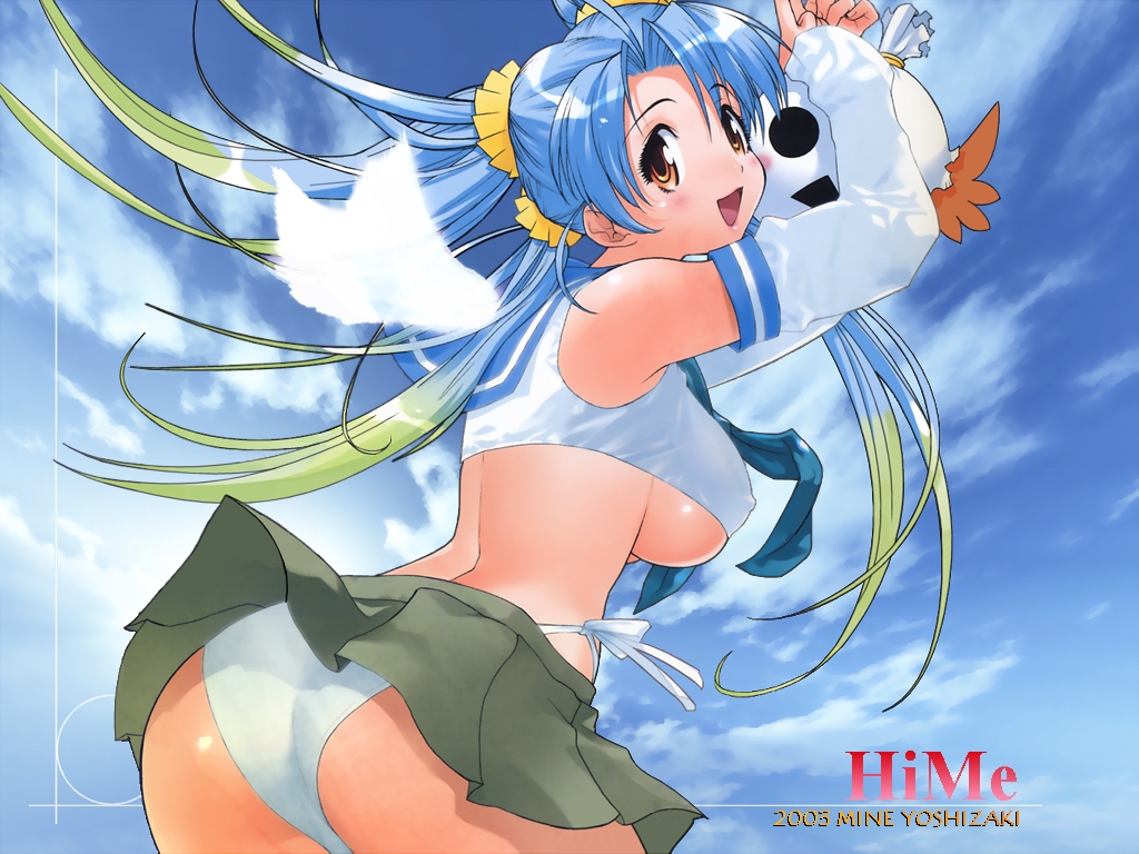 yoshizaki mine, original, 1girl, ass, blue hair, blush, breasts, clothes lift, cloud, colored tips, crop top, curvy, day, detached sleeves, female focus, from side, hair ribbon, long hair, medium breasts, midriff, miniskirt, multicolored hair, open mouth, panties, pantyshot, quad tails, ribbon, side-tie panties, sideboob, skirt, skirt lift, sky, smile, solo, standing, swimsuit, twintails, underboob, underwear, upskirt, white panties, wings
