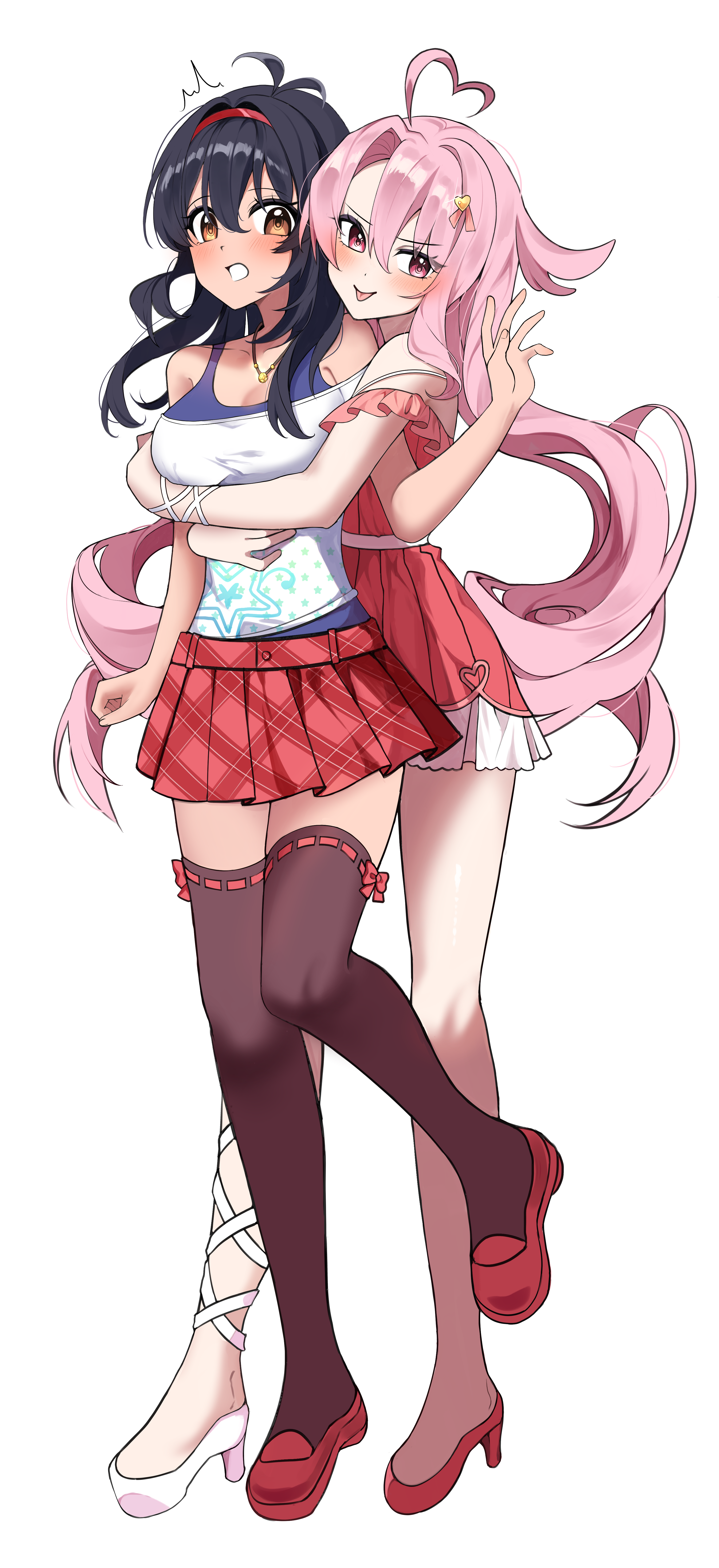 lilim (sakura cupid), mitsuki (sakura cupid), sakura cupid, absurdres, artist request, commission, commissioner upload, highres, non-web source, 2girls, ahoge, antenna hair, black hair, black thighhighs, curtained hair, hairband, hug, hug from behind, looking at viewer, multiple girls, off shoulder, pink eyes, pink hair, plaid clothes, plaid skirt, red hairband, skirt, surprised, thighhighs, tongue, tongue out, yuri