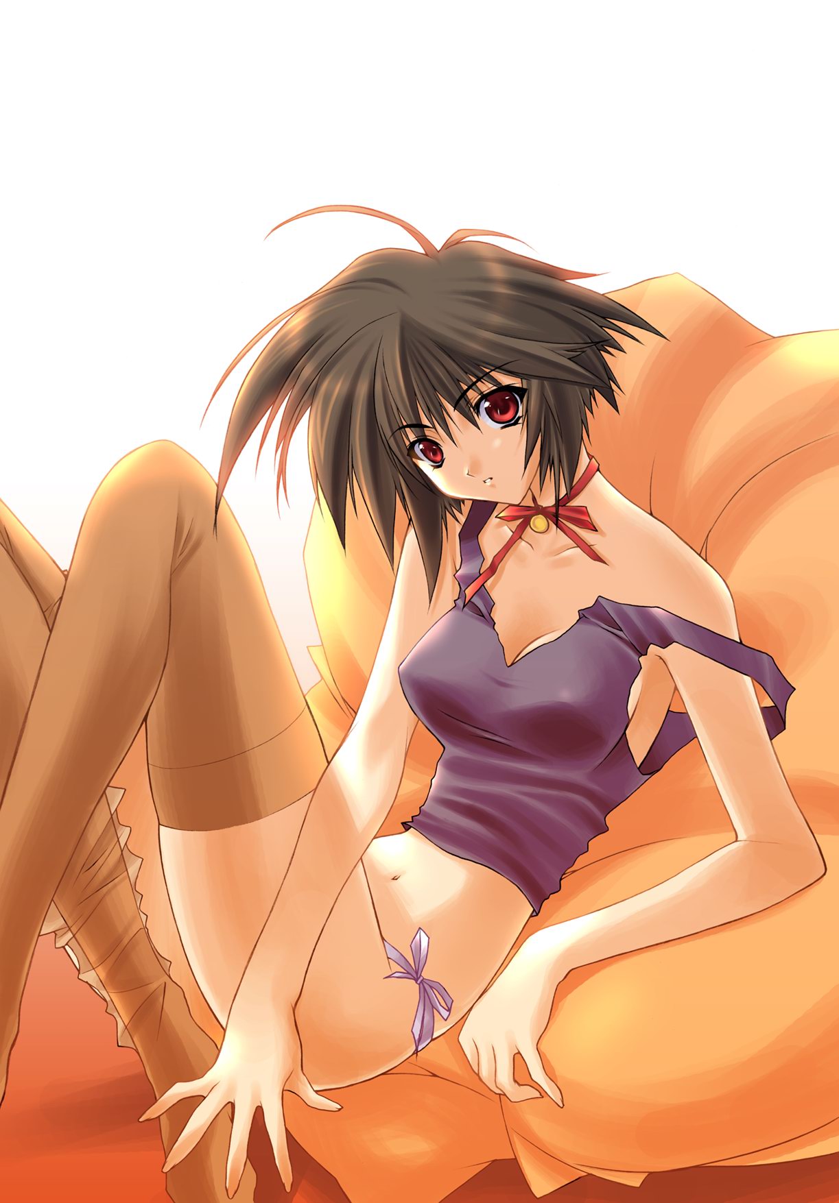 suzuhira hiro, highres, 1girl, breasts, brown hair, female focus, lingerie, medium breasts, midriff, no bra, panties, purple panties, red eyes, short hair, side-tie panties, solo, tank top, thighhighs, underwear