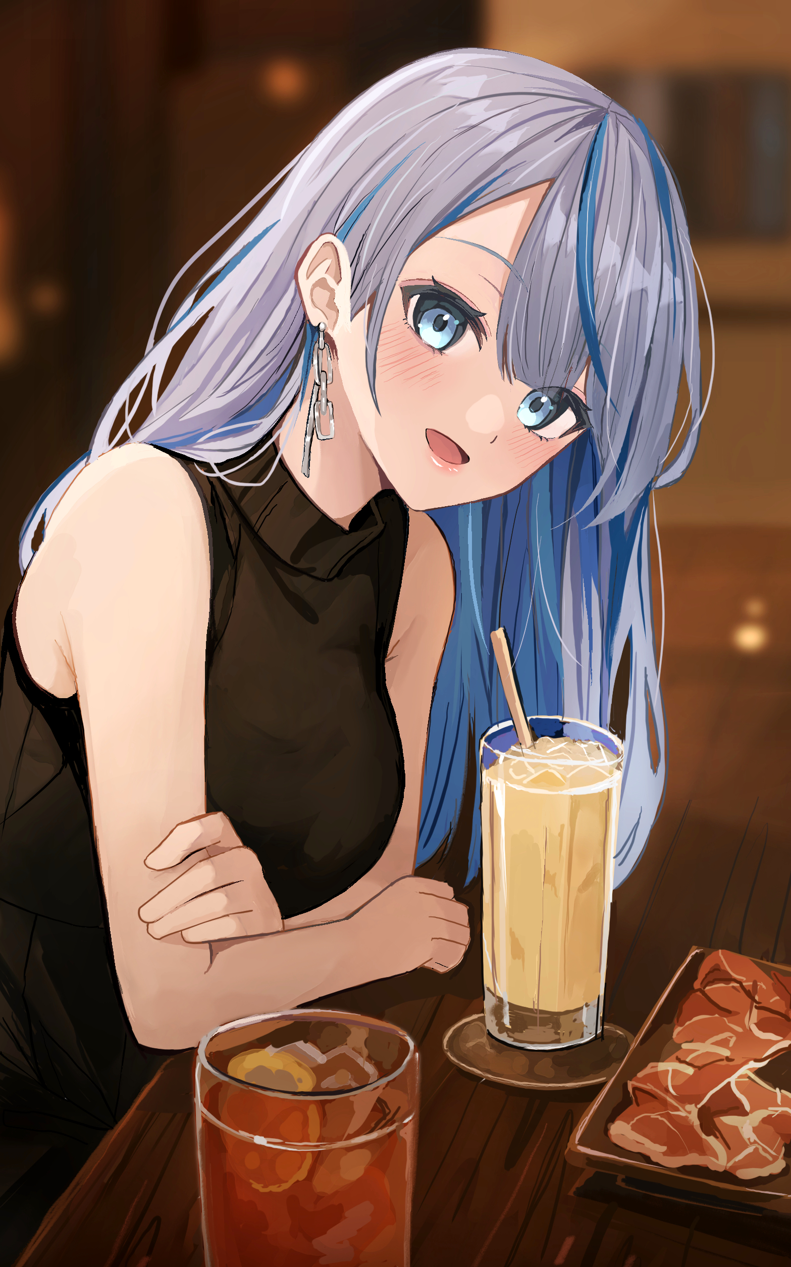 sakuradakey, amagai ruka, weather planet, absurdres, commentary request, highres, 1girl, :d, blue eyes, blue hair, blurry, blurry background, blush, cocktail, crossed arms, cup, drinking glass, earrings, food, grey hair, indoors, jewelry, long hair, looking at viewer, multicolored hair, open mouth, sleeveless, smile, solo, streaked hair, swept bangs, virtual youtuber
