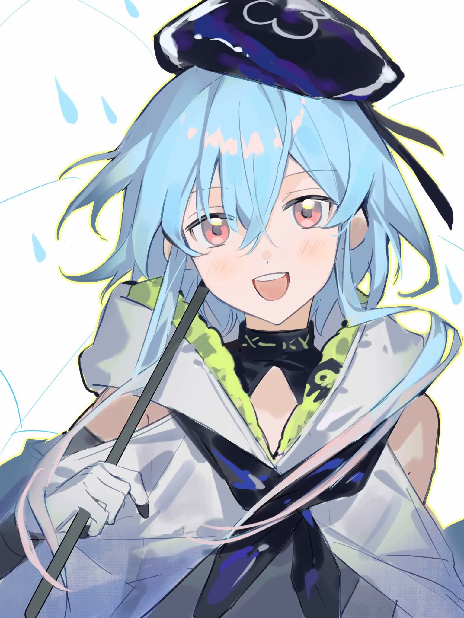 second (byou), mizuki (arknights), arknights, chinese commentary, commentary request, highres, 1boy, :d, bare shoulders, beret, blue hair, blush, gloves, grey gloves, hair between eyes, hat, holding, long hair, looking at viewer, male focus, neckerchief, open mouth, pink eyes, purple hat, purple neckerchief, round teeth, smile, solo, teeth, upper body, upper teeth only, water drop
