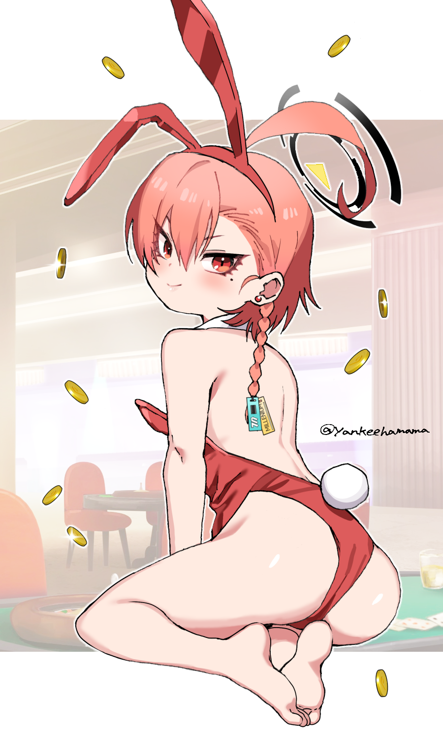 shigeta (yankeehamama), neru (blue archive), neru (bunny) (blue archive), blue archive, commentary request, highres, 1girl, animal ears, ass, back, bare back, bare legs, bare shoulders, barefoot, black halo, braid, closed mouth, fake animal ears, from behind, halo, leotard, looking at viewer, looking back, mole, mole under eye, official alternate costume, playboy bunny, rabbit ears, red eyes, red leotard, single braid, smile, solo, toes, twitter username
