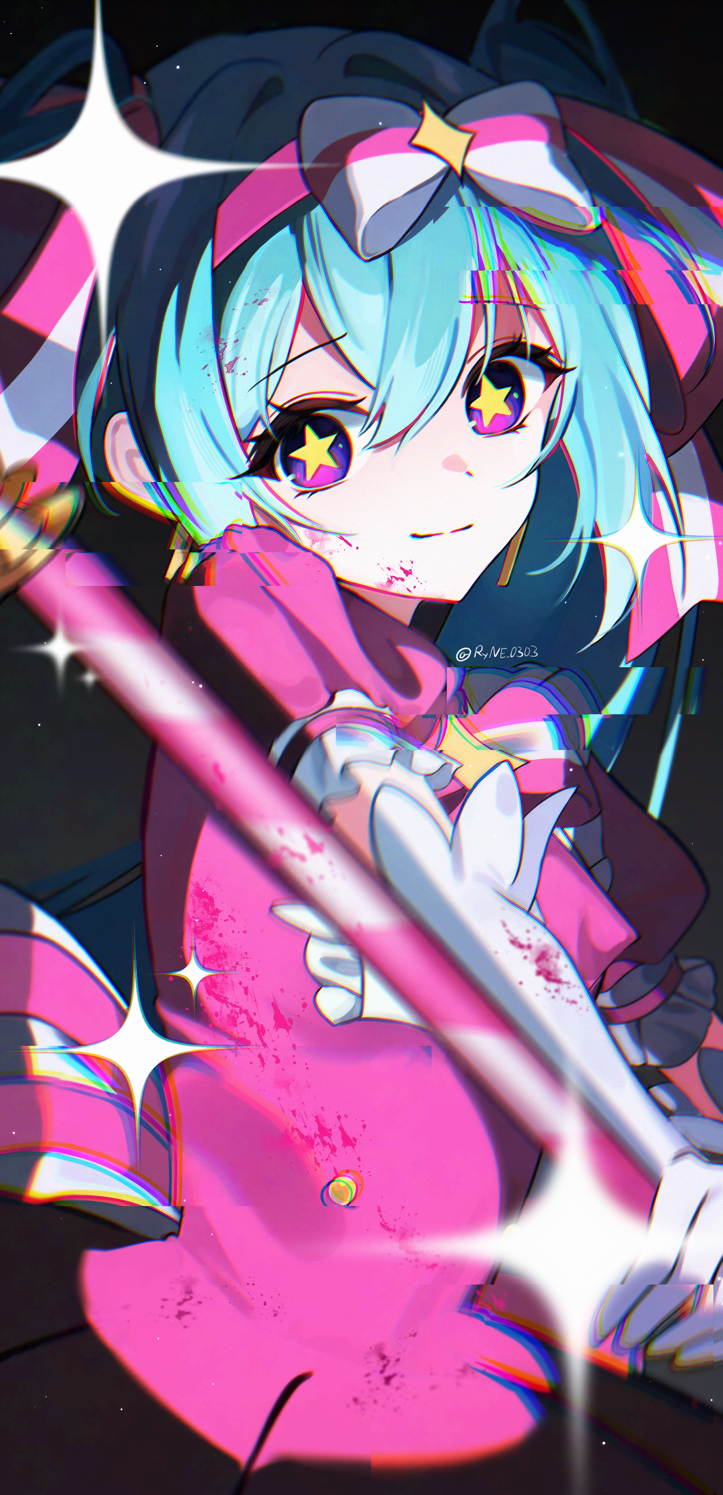 rin (ryne 0303), hatsune miku, vocaloid, absurdres, commentary request, highres, 1girl, blue hair, blurry, blurry foreground, bow, closed mouth, depth of field, dress, elbow gloves, from side, gloves, hair between eyes, hair intakes, hairband, holding, holding wand, ima sugu rinne (vocaloid), long hair, looking at viewer, looking to the side, pink dress, pink hairband, puffy short sleeves, puffy sleeves, purple eyes, short sleeves, smile, solo, sparkle, star-shaped pupils, star (symbol), striped bow, symbol-shaped pupils, twintails, twitter username, wand, white gloves