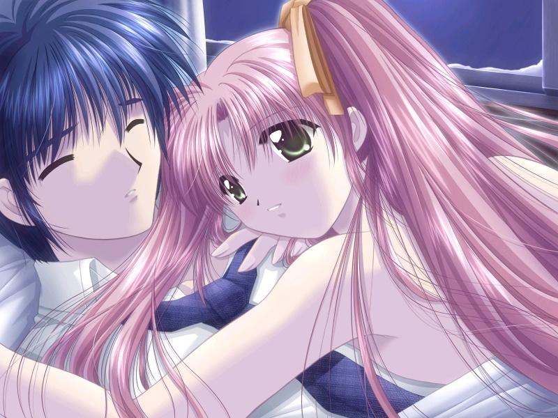 yamamoto kazue, ueda satomi, yuki no tokeru koro ni…, game cg, 1boy, 1girl, blue hair, blush, closed eyes, couple, cuddling, green eyes, hetero, long hair, necktie, pink hair, ribbon, topless female, twintails