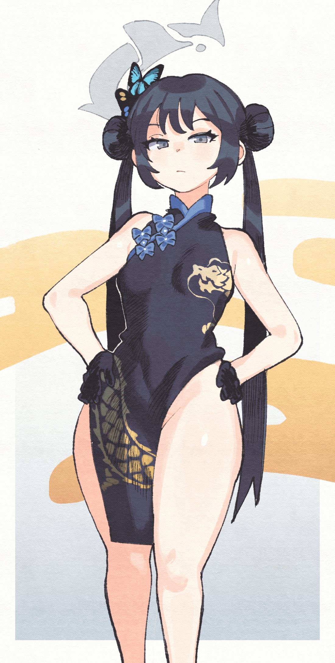 inkerton-kun, kisaki (blue archive), blue archive, commentary, highres, 1girl, black gloves, black hair, breasts, butterfly hair ornament, china dress, chinese clothes, double bun, dragon print, dress, gloves, grey eyes, grey halo, hair bun, hair ornament, halo, hands on own hips, long hair, looking at viewer, no jacket, no panties, pelvic curtain, print dress, simple background, sleeveless, sleeveless dress, small breasts, solo, twintails