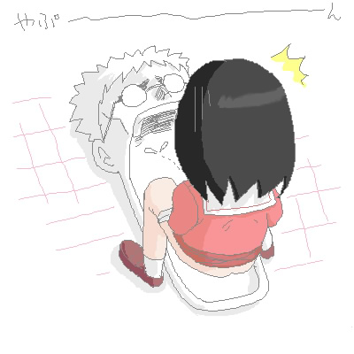 kasuga ayumu, kimura, azumanga daiou, artist request, lowres, 1girl, ^^^, black hair, cheekbones, clothes lift, from above, from behind, full body, glasses, medium hair, oekaki, opaque glasses, open mouth, panties, panty pull, pee, peeing, public restroom, round eyewear, school uniform, serafuku, skirt, skirt lift, socks, squat toilet, squatting, teacher, teacher and student, tile floor, tiles, toilet, toilet use, underwear, what
