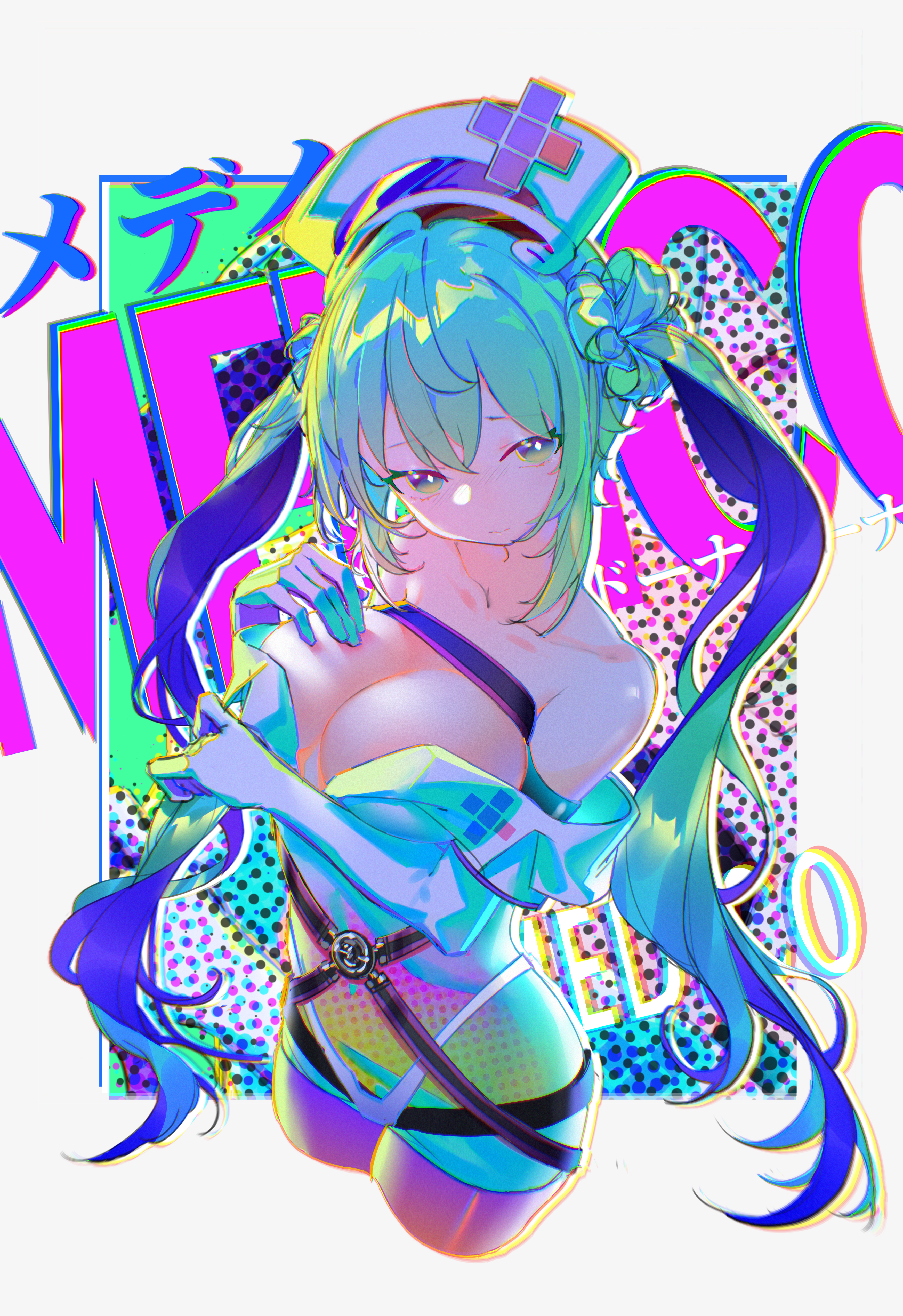 cyue, medico (dohna dohna), dohna dohna issho ni warui koto o shiyou, absurdres, highres, 1girl, bare shoulders, breasts, bright pupils, character name, chromatic aberration, closed mouth, collarbone, cropped legs, diamond-shaped pupils, diamond (shape), dress, elbow gloves, gloves, green hair, hat, large breasts, long hair, looking at viewer, nurse, nurse cap, smile, solo, symbol-shaped pupils, twintails, very long hair, white background, white dress, white pupils