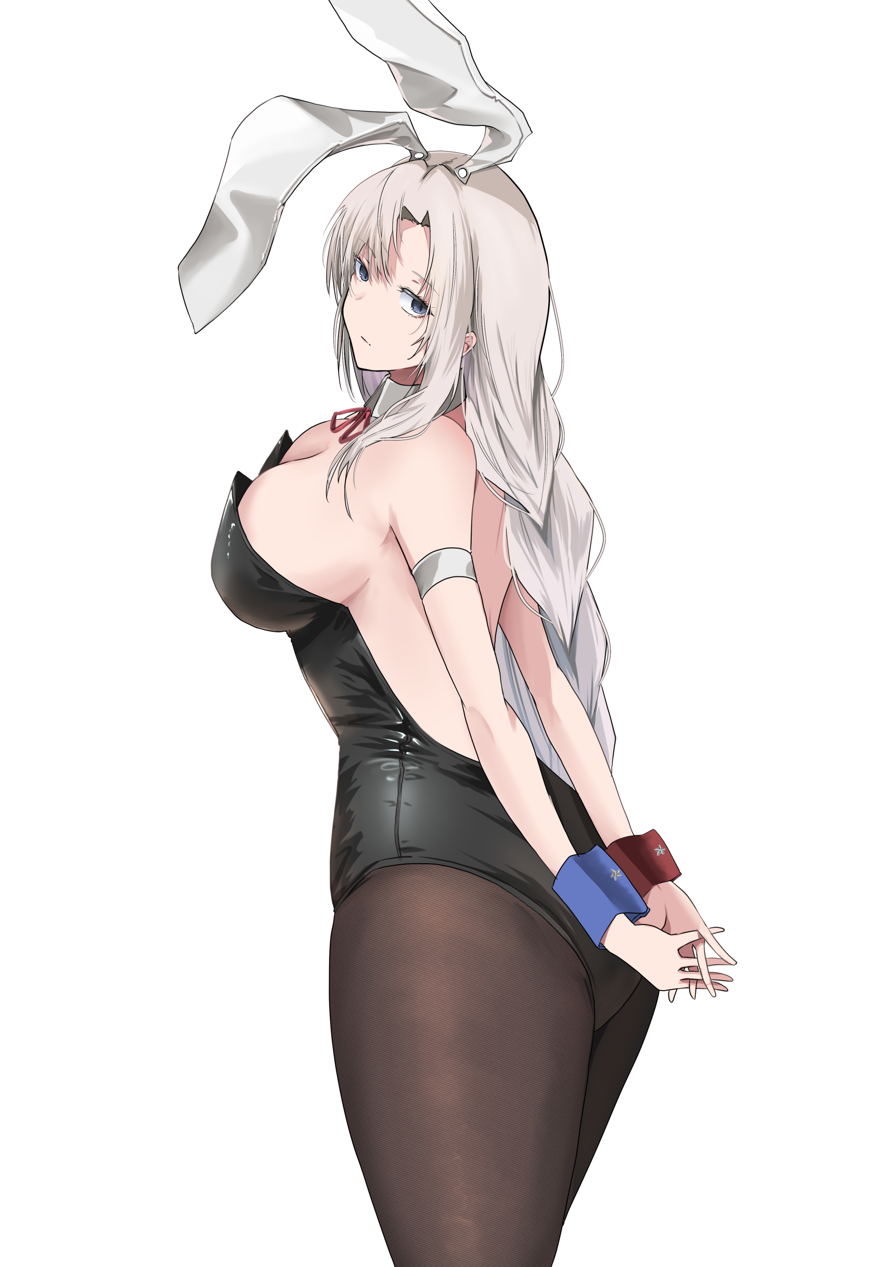 yagoro kusuriya, yagokoro eirin, touhou, absurdres, highres, 1girl, animal ear hairband, animal ears, arms behind back, ass, black leotard, blue eyes, bow, bowtie, braid, breasts, bunny day, covered navel, detached collar, fake animal ears, grey hair, hairband, large breasts, leotard, long hair, looking at viewer, playboy bunny, rabbit ear hairband, rabbit ears, smile, solo, strapless, strapless leotard, traditional bowtie, very long hair, white background, white wrist cuffs, wrist cuffs