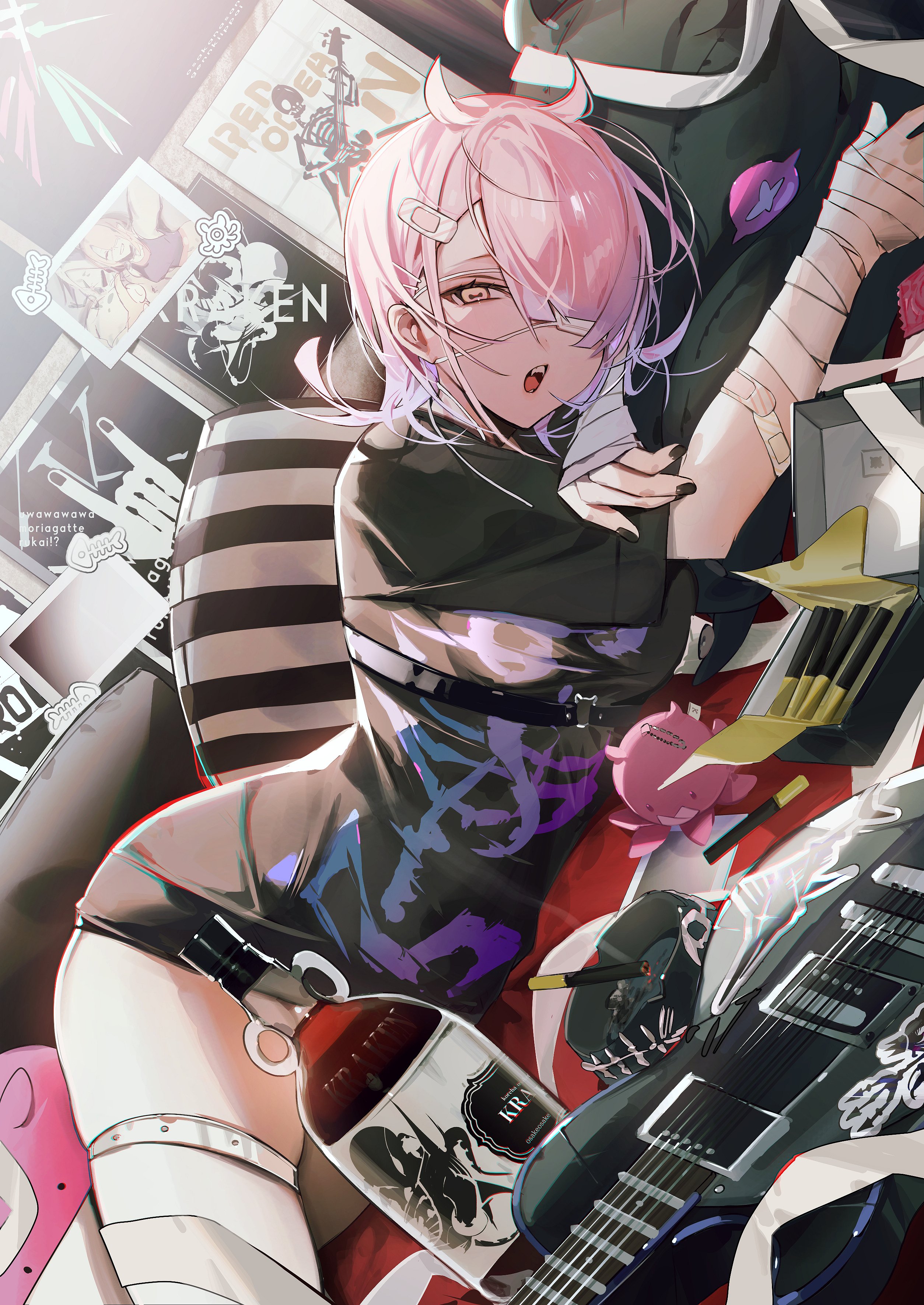 mayutsuba mono, original, absurdres, highres, 1girl, bandaged arm, bandages, bandaid, bandaid on arm, black nails, black shirt, cigarette, eyepatch, guitar, hair ornament, hair over one eye, indoors, instrument, looking at viewer, lying, medium hair, nail polish, on side, open mouth, pink hair, shirt, solo, yellow eyes