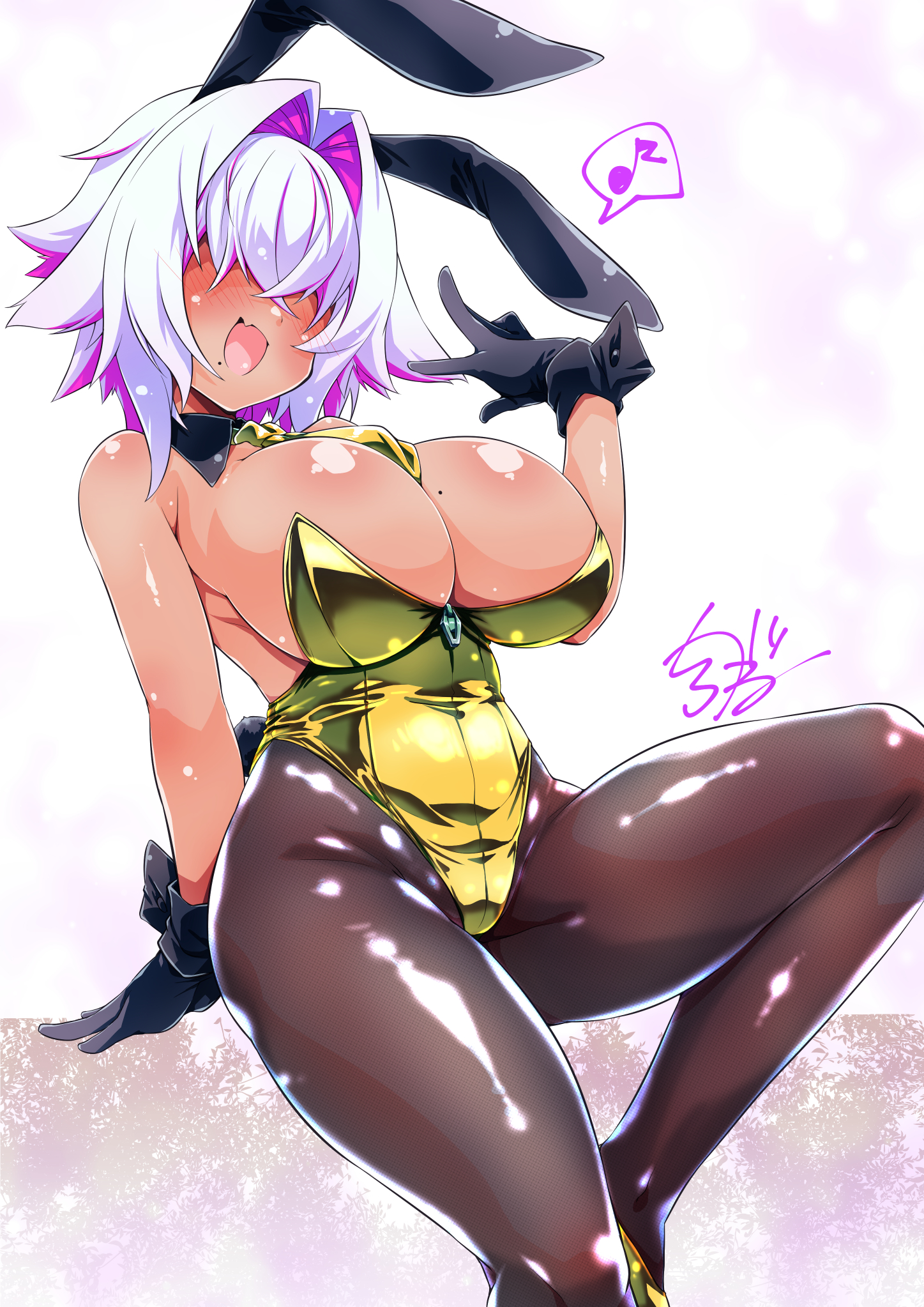 shirogane (cufsser), original, commentary request, highres, 1girl, animal ears, bare shoulders, black gloves, blush, breasts, brown pantyhose, bunny day, cleavage, colored inner hair, covered eyes, faceless, faceless female, fang, feet out of frame, gloves, hair intakes, hair over eyes, highleg, highleg leotard, huge breasts, leotard, long bangs, mole, mole on breast, multicolored hair, musical note, open mouth, pantyhose, pink hair, playboy bunny, rabbit ears, short hair, signature, skin fang, smile, solo, spoken musical note, strapless, strapless leotard, two-tone hair, white hair, yellow leotard