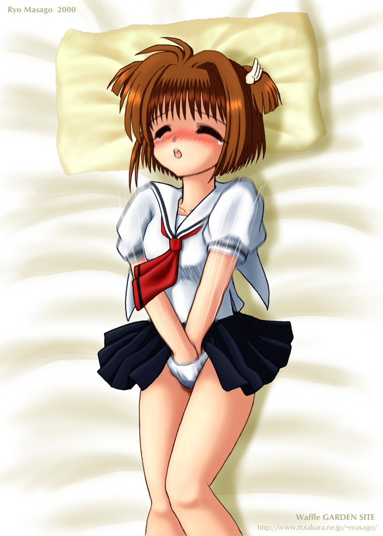 masago ryo, kinomoto sakura, cardcaptor sakura, 1990s (style), 1girl, bed, blush, brown hair, closed eyes, clothed masturbation, female focus, female masturbation, fingering, from above, hair ornament, hand in panties, indoors, loli, lying, masturbation, moaning, motion blur, nose blush, on back, open mouth, panties, pleated skirt, retro artstyle, sailor collar, school uniform, serafuku, short hair, short twintails, skirt, solo, tomoeda elementary school uniform, tomoeda middle school uniform, twintails, underwear, v arms, white panties