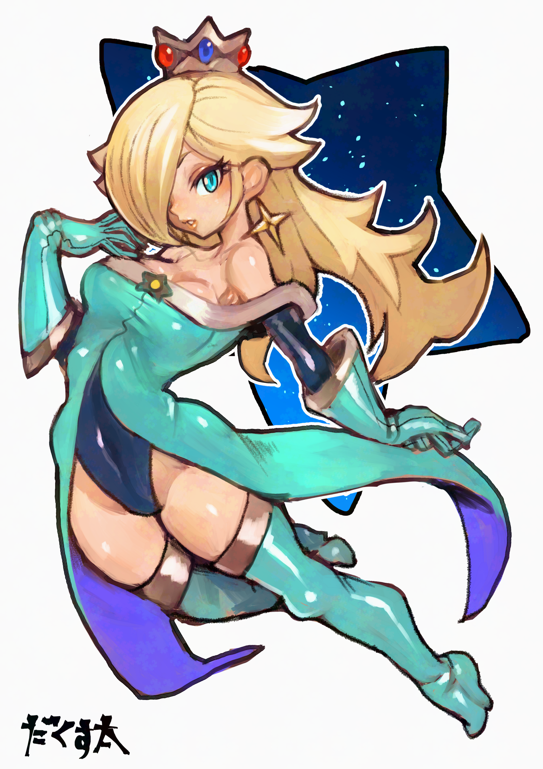 dakusuta, rosalina, mario (series), nintendo, absurdres, highres, 1girl, aqua boots, aqua dress, aqua gloves, blonde hair, blue eyes, boots, breasts, crown, dress, gloves, hair over one eye, leotard, long hair, looking at viewer, medium breasts, solo, thigh boots