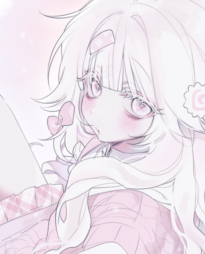 1girl, blush, bluv d, eyewear visible through hair, hair ornament, hairclip, long hair, looking at viewer, open mouth, pink eyes, ribbon, solo