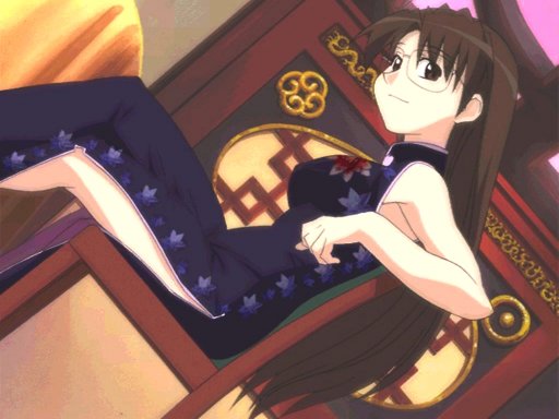 mizuhara koyomi, azumanga daiou, game cg, brown hair, chair, china dress, chinese clothes, dress, floral print, floral print dress, glasses, on chair, print dress, solo, wooden chair