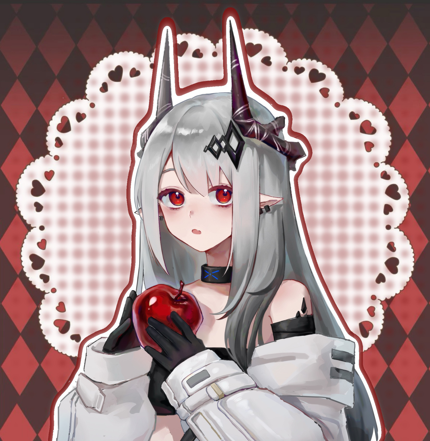 infection monitor (arknights), mudrock (arknights), mudrock (elite ii) (arknights), arknights, chinese commentary, commentary request, highres, 1girl, :o, apple, argyle background, asymmetrical horns, black gloves, black horns, doily, ear piercing, fang, food, fruit, gloves, grey hair, grey jacket, heart, holding, holding food, holding fruit, horns, jacket, long hair, looking at viewer, material growth, mismatched horns, off shoulder, open mouth, oripathy lesion (arknights), outline, piercing, pointy ears, red eyes, red outline, skin fang, sleeves past wrists, solo, tianbiandeqinghaiyao, upper body, white outline