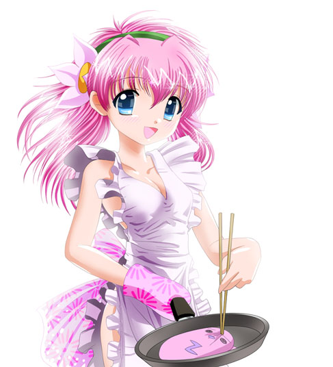milfeulle sakuraba, normad, broccoli (company), galaxy angel, 00s, 1girl, apron, blue hair, bow, chopsticks, collarbone, female focus, flower, frying pan, hair flower, hair ornament, hairband, long hair, looking at viewer, naked apron, simple background, smile, solo, twintails