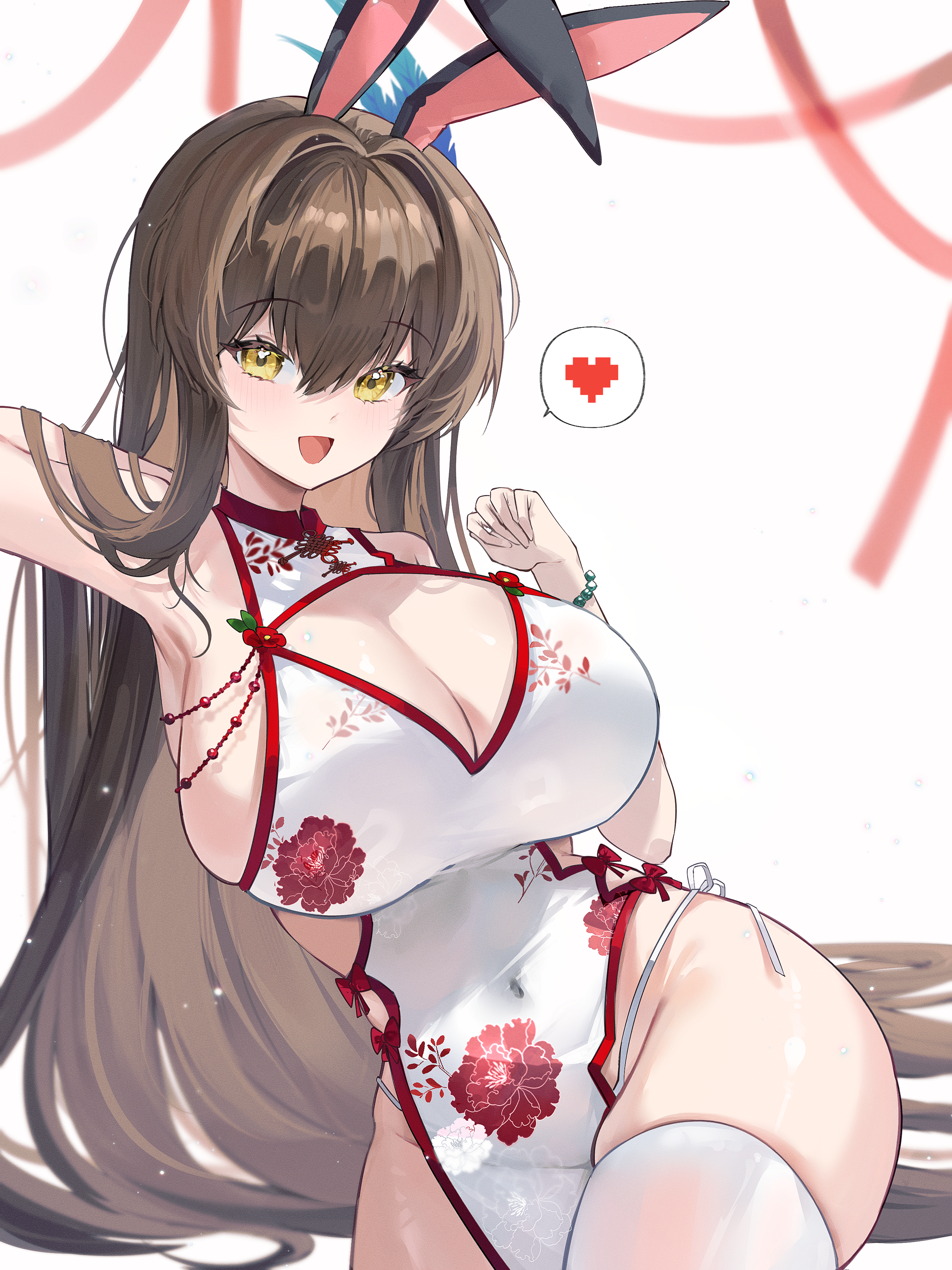 gurami (zangizarang), original, absurdres, commentary, commission, highres, 1girl, :d, animal ears, arm behind back, armpits, bare shoulders, bead bracelet, beads, black thighhighs, blush, bracelet, breasts, brown hair, center opening, china dress, chinese clothes, cleavage, covered navel, dress, fake animal ears, groin, hair between eyes, hair intakes, hair ornament, hair spread out, halter dress, halterneck, hand up, heart, jewelry, large breasts, light particles, long hair, long sleeves, open mouth, panties, panty straps, pelvic curtain, pixel heart, print dress, rabbit ears, red ribbon, red trim, ribbon, side-tie panties, sideboob, sidelocks, simple background, smile, solo, spoken heart, thighhighs, thighs, underwear, very long hair, white background, white dress, white panties, white thighhighs, yellow eyes