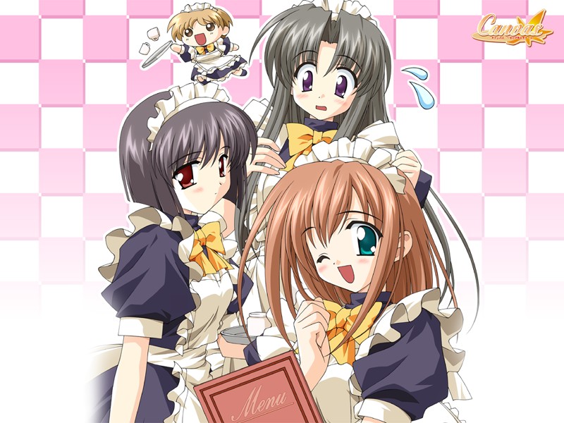 kimikage yurina, nanashiro yuzu, shinomiya yuu, tachibana amane, canvas, canvas (cocktail soft), canvas sepia iro no motif, 00s, 4girls, ;d, black dress, black hair, blonde hair, blush, bow, bowtie, brown hair, checkered background, dress, flying sweatdrops, looking at viewer, maid, maid headdress, menu, multiple girls, one eye closed, open mouth, red eyes, smile, tray, tripping, waitress, wavy mouth