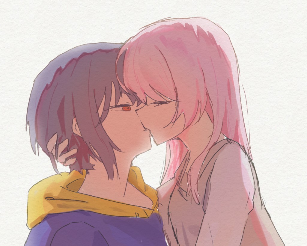 yanyutong64, chihaya anon, takamatsu tomori, bang dream!, bang dream! it's mygo!!!!!, 2girls, blue hoodie, closed eyes, grey hair, hand on another's head, hood, hoodie, kiss, long hair, multiple girls, pink hair, red eyes, shirt, short hair, simple background, upper body, white background, white shirt, yuri