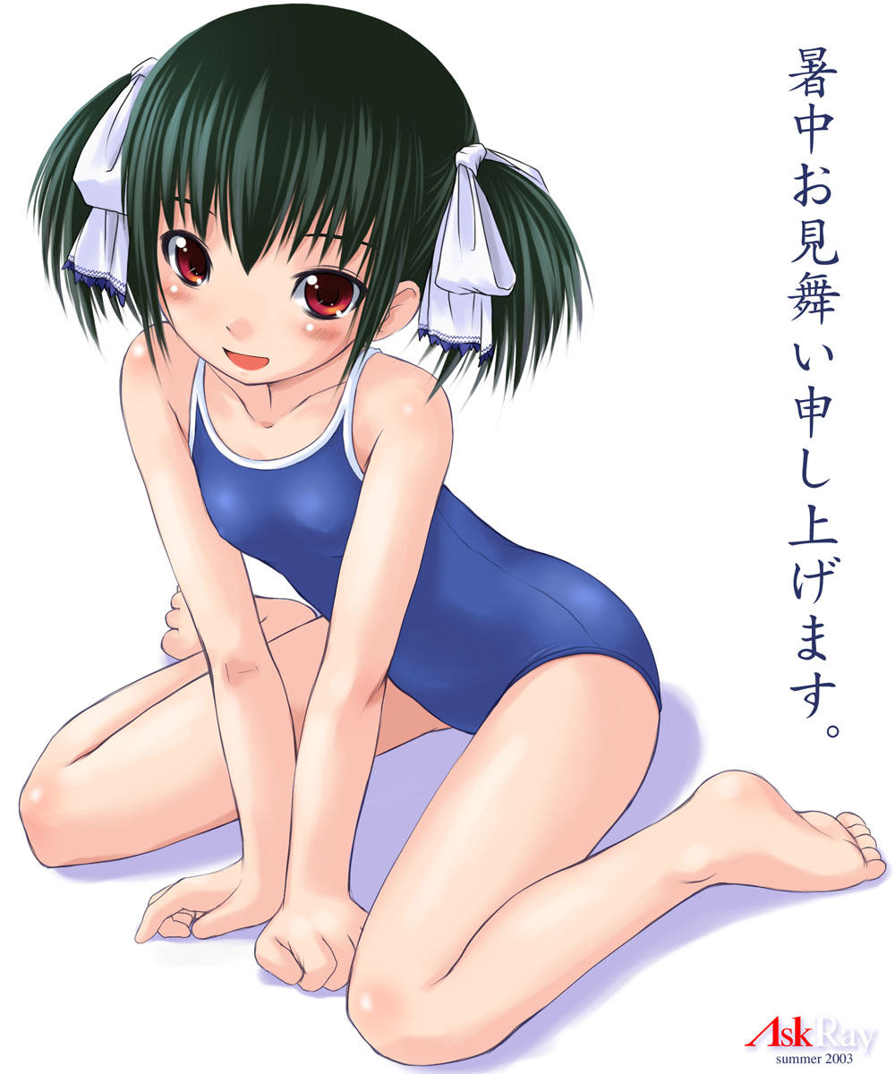bosshi, yu (bosshi), original, highres, translation request, 1girl, :d, arm support, barefoot, black hair, blush, competition school swimsuit, covered erect nipples, feet, female focus, flat chest, full body, green hair, hair ribbon, kneeling, leaning forward, legs, loli, one-piece swimsuit, open mouth, red eyes, ribbon, school swimsuit, shadow, short hair, short twintails, simple background, smile, solo, swimsuit, twintails