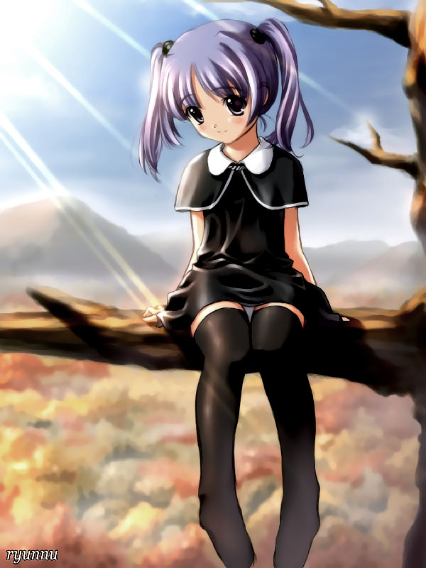 ryunnu, original, 1girl, branch, day, dress, female focus, in tree, nature, outdoors, sitting, sitting in tree, solo, thighhighs, tree, twintails, zettai ryouiki