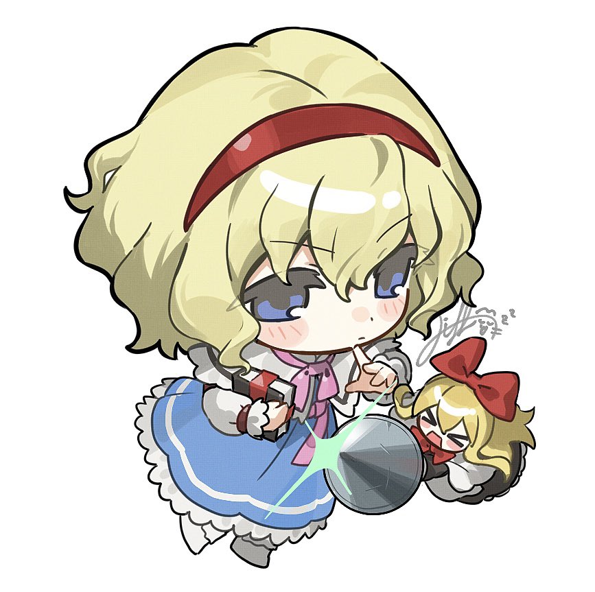 jill 07km, alice margatroid, shanghai doll, touhou, > <, black dress, blonde hair, blue dress, blue eyes, blush, book, bow, capelet, chibi, closed mouth, doll, dress, expressionless, frills, grimoire of alice, hair between eyes, hairband, holding, holding book, long hair, long sleeves, medium hair, open mouth, pike (weapon), polearm, red bow, weapon, white background, white capelet