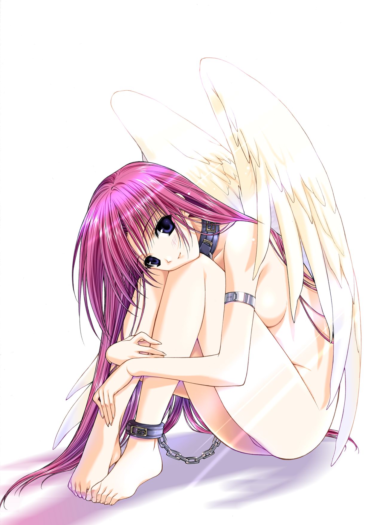 suzuhira hiro, original, highres, 1girl, angel, barefoot, bdsm, bondage, bound, chain, collar, cuffs, feet, female focus, hugging own legs, long hair, long legs, nude, shackles, solo, toes, wings