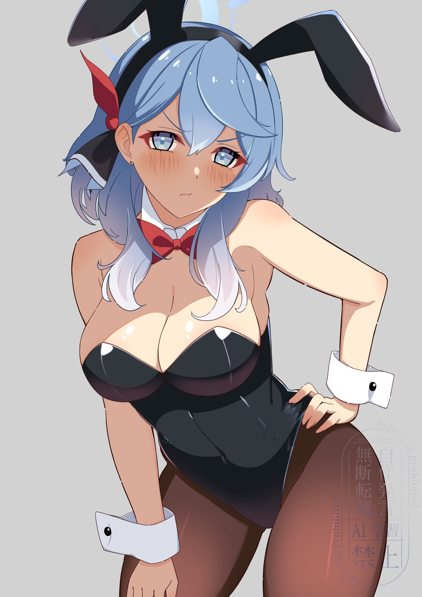 melow menow, ako (blue archive), blue archive, commentary, highres, 1girl, alternate costume, animal ear hairband, animal ears, black leotard, blue eyes, blue hair, blue halo, bow, bowtie, breasts, brown pantyhose, cowboy shot, detached collar, fake animal ears, grey background, hair between eyes, hairband, halo, hand on own thigh, large breasts, leaning forward, leotard, long hair, looking at viewer, pantyhose, playboy bunny, rabbit ears, red bow, red bowtie, simple background, solo, strapless, strapless leotard, wrist cuffs