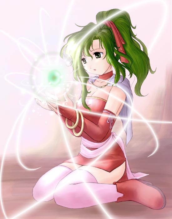 pae (mlcaf), tina branford, final fantasy, final fantasy vi, 1990s (style), 1girl, boots, cape, female focus, green eyes, green hair, long hair, magic, matching hair/eyes, ponytail, retro artstyle, ribbon, solo, thighhighs