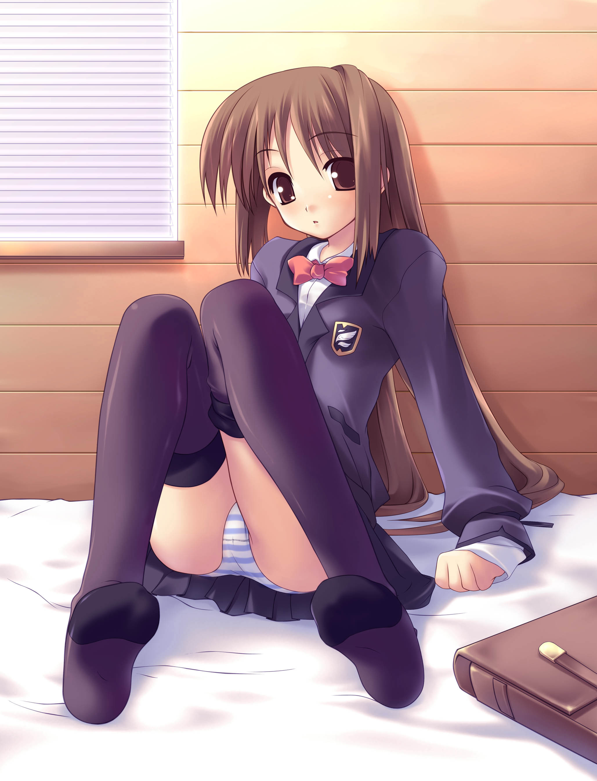 shiranagi masa, absurdres, highres, 1girl, bag, black thighhighs, blazer, blue panties, blush, bow, bowtie, brown eyes, brown hair, dress shirt, female focus, jacket, long hair, miniskirt, panties, pantyshot, pleated skirt, school bag, school uniform, shirt, sitting, skirt, solo, striped clothes, striped panties, thighhighs, underwear