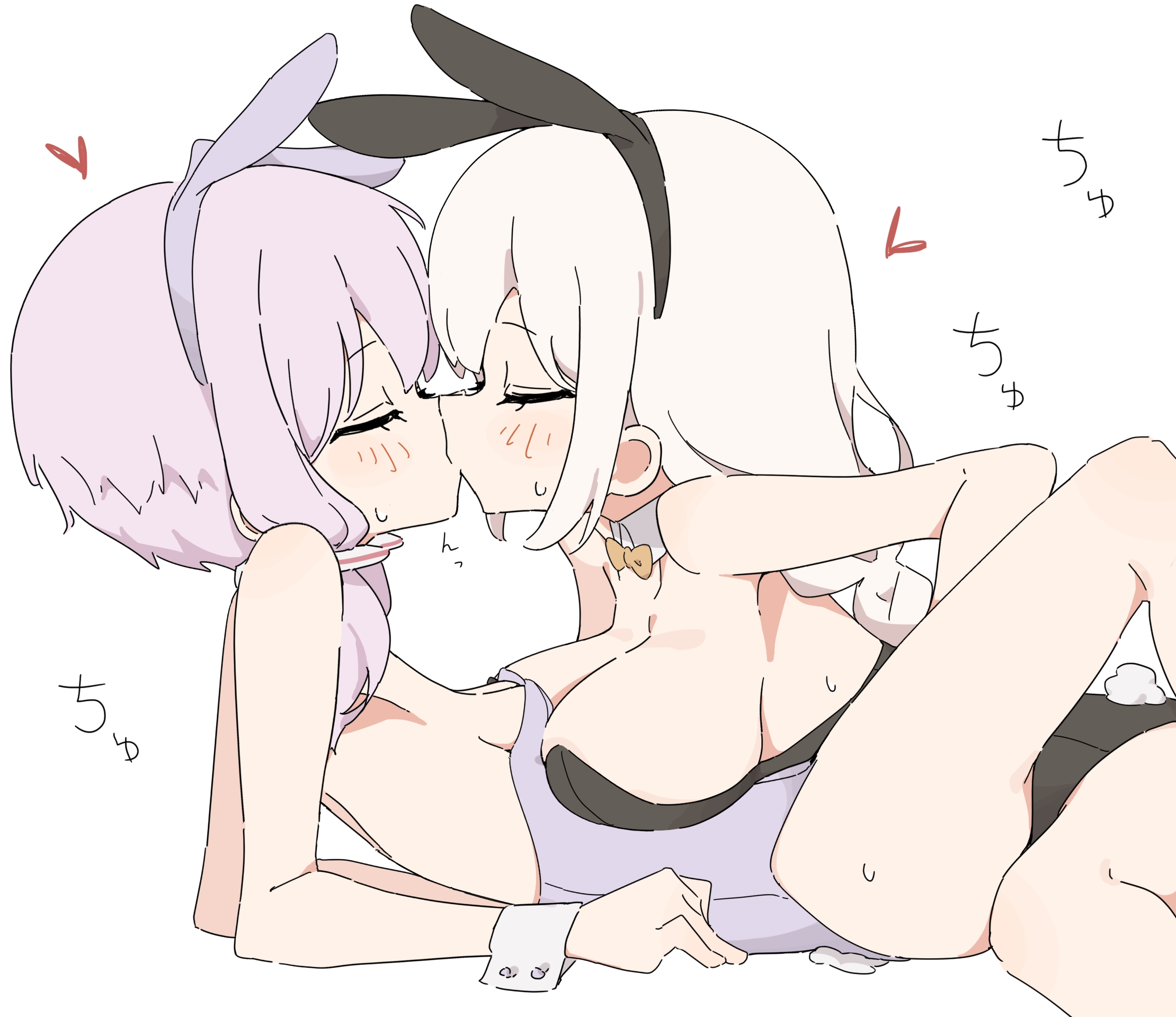 giryu, kizuna akari, yuzuki yukari, voiceroid, commentary, highres, 2girls, animal ear hairband, animal ears, bare legs, between legs, black leotard, blush, braid, breasts, cleavage, closed eyes, detached collar, fake animal ears, fake tail, hairband, heart, kiss, large breasts, leotard, multiple girls, playboy bunny, purple leotard, rabbit ear hairband, rabbit ears, simple background, small breasts, strapless, strapless leotard, sweat, tail, twin braids, white background, white hair, wrist cuffs, yuri