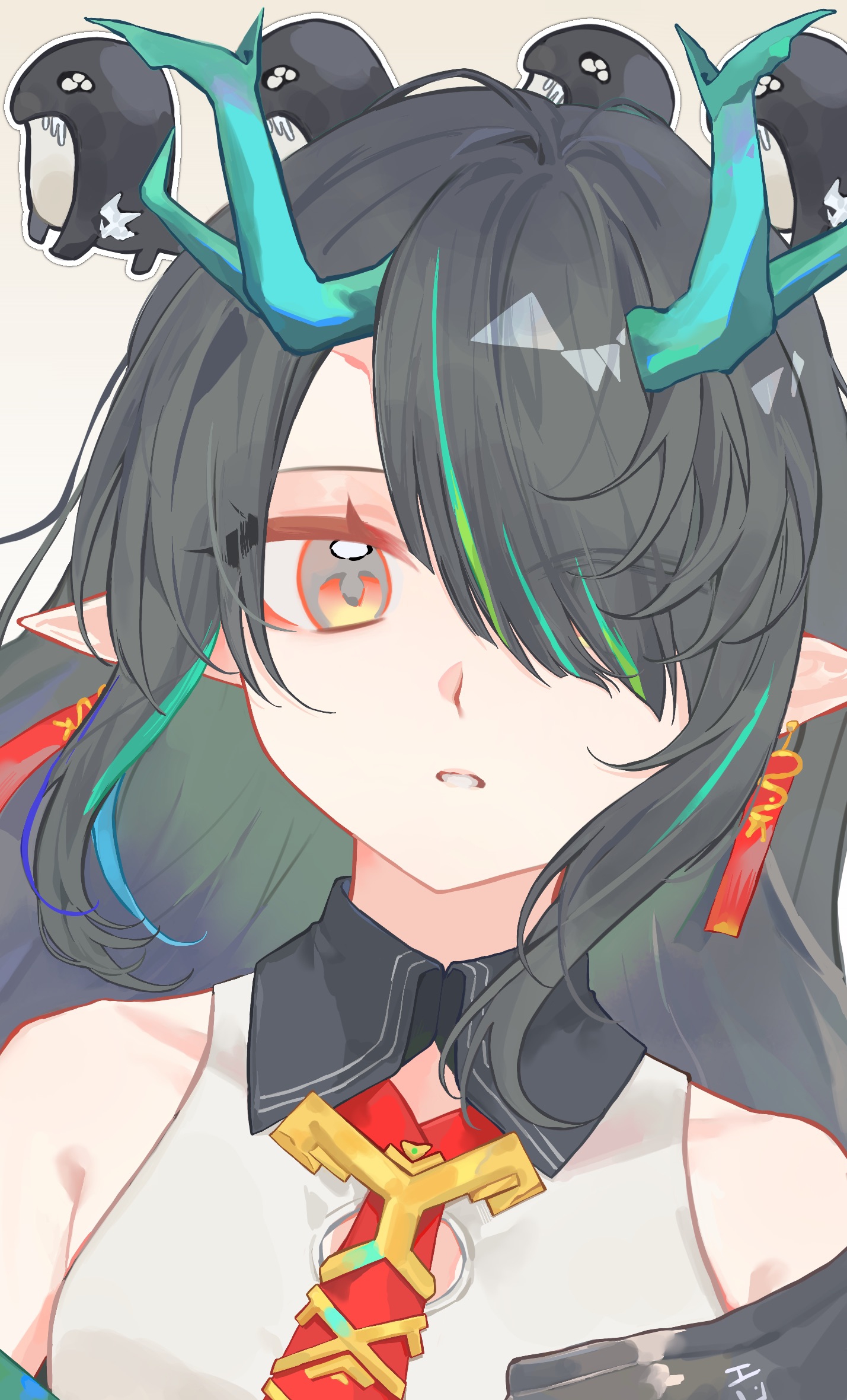 tang cu caihong, bitey (arknights), dusk (arknights), arknights, chinese commentary, commentary request, highres, 1girl, aqua hair, bare shoulders, black eyes, black hair, blue hair, collared shirt, contrast collar, dragon girl, dragon horns, earrings, green hair, hair over one eye, horns, jewelry, long hair, looking at viewer, multicolored eyes, multicolored hair, orange eyes, parted lips, pointy ears, portrait, shirt, sleeveless, sleeveless shirt, solo, streaked hair, two-tone eyes