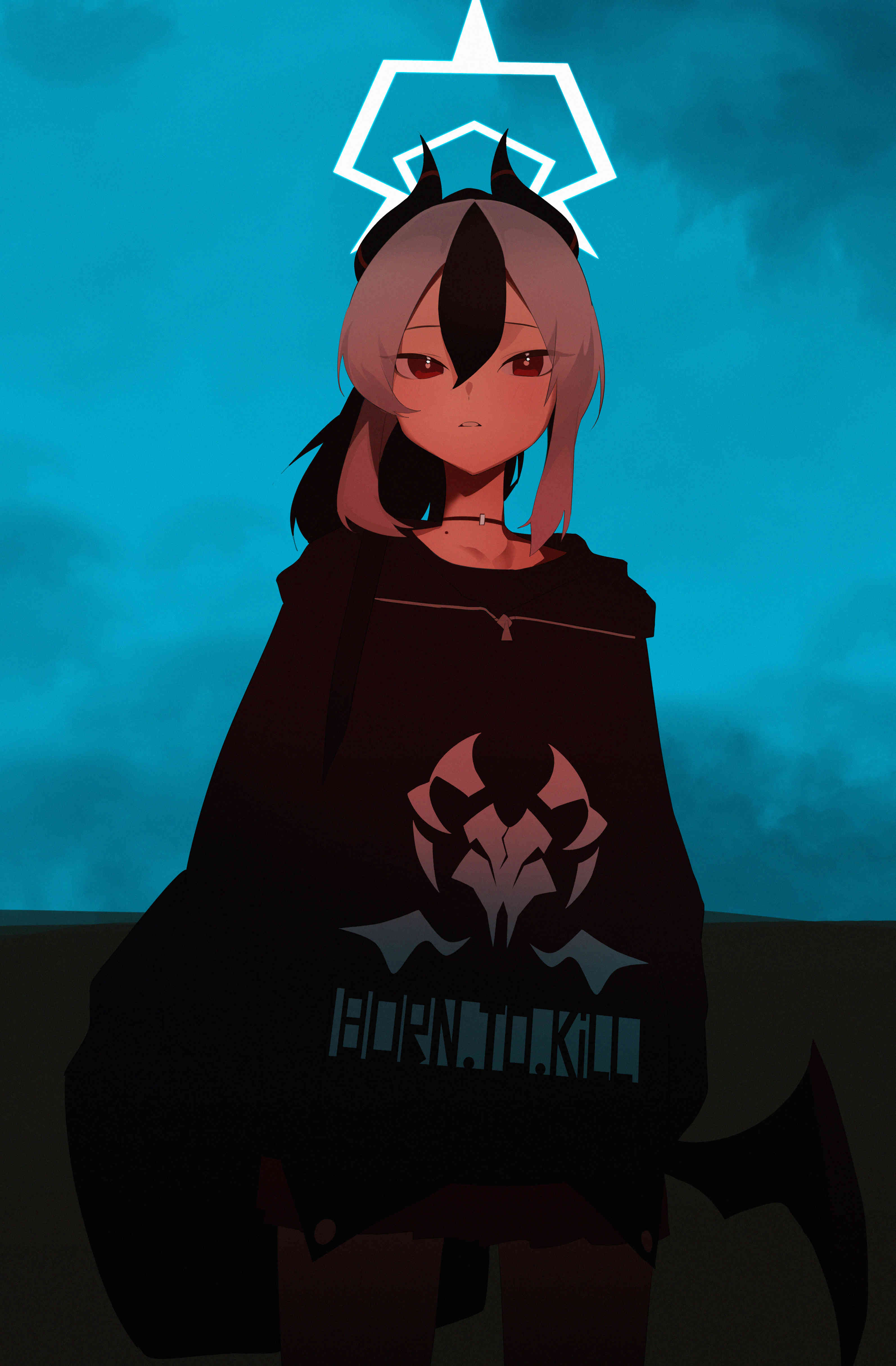 toriko (honmono), kayoko (blue archive), blue archive, absurdres, highres, 1girl, bag, black bag, black hair, black hoodie, demon girl, demon horns, demon wings, hair between eyes, hands in pockets, holding, holding bag, hood, hoodie, horns, long hair, looking at viewer, parted lips, ponytail, red eyes, red skirt, sidelocks, single wing, skirt, solo, white hair, wings