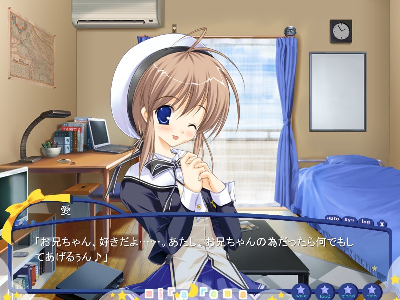 mikeou, takahara ai, miraroma, game cg, 1girl, :p, ;p, bed, beret, blue eyes, blush, brown hair, clock, computer, computer keyboard, desk, female focus, game console, hat, indoors, interlocked fingers, long sleeves, map, one eye closed, own hands clasped, own hands together, room, school uniform, serafuku, solo, television, tongue, tongue out, wall clock, window, wink