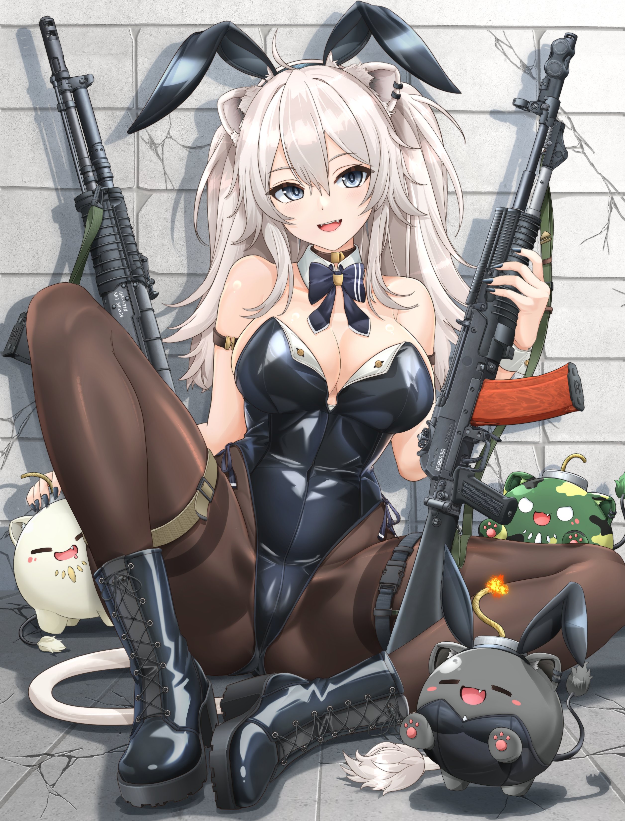 mikeran (mikelan), shishiro botan, ssrb (shishiro botan), hololive, absurdres, highres, weapon request, 1girl, animal ear fluff, animal ears, bare shoulders, black bow, black bowtie, black leotard, black pantyhose, boots, bow, bowtie, breasts, bunny day, choker, covered navel, detached collar, fake animal ears, fangs, green eyes, holding, holding weapon, large breasts, leotard, looking at viewer, open mouth, pantyhose, playboy bunny, rabbit ears, sitting, skindentation, solo, spread legs, tail, teeth, thigh strap, tongue, upper teeth only, weapon, white hair