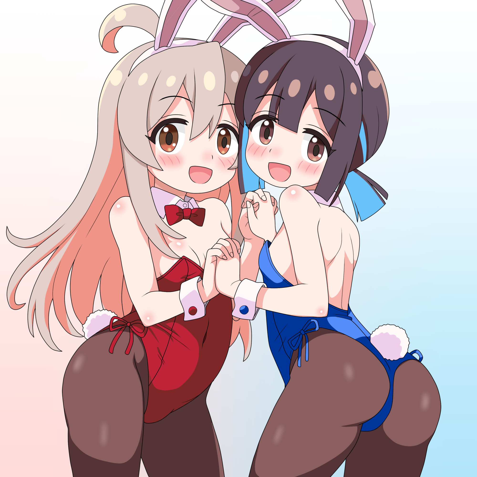 sakuzo, hozuki momiji, oyama mahiro, onii-chan wa oshimai!, highres, 2girls, animal ear hairband, animal ears, ass, black hair, black pantyhose, blue background, blue hair, blue leotard, bow, bowtie, breasts, brown eyes, colored inner hair, detached collar, fake animal ears, gradient background, hairband, holding hands, leotard, long hair, low twintails, multicolored hair, multiple girls, pantyhose, pink background, pink hair, playboy bunny, rabbit ears, rabbit tail, red bow, red bowtie, red leotard, side-tie leotard, small breasts, strapless, strapless leotard, tail, twintails, wrist cuffs